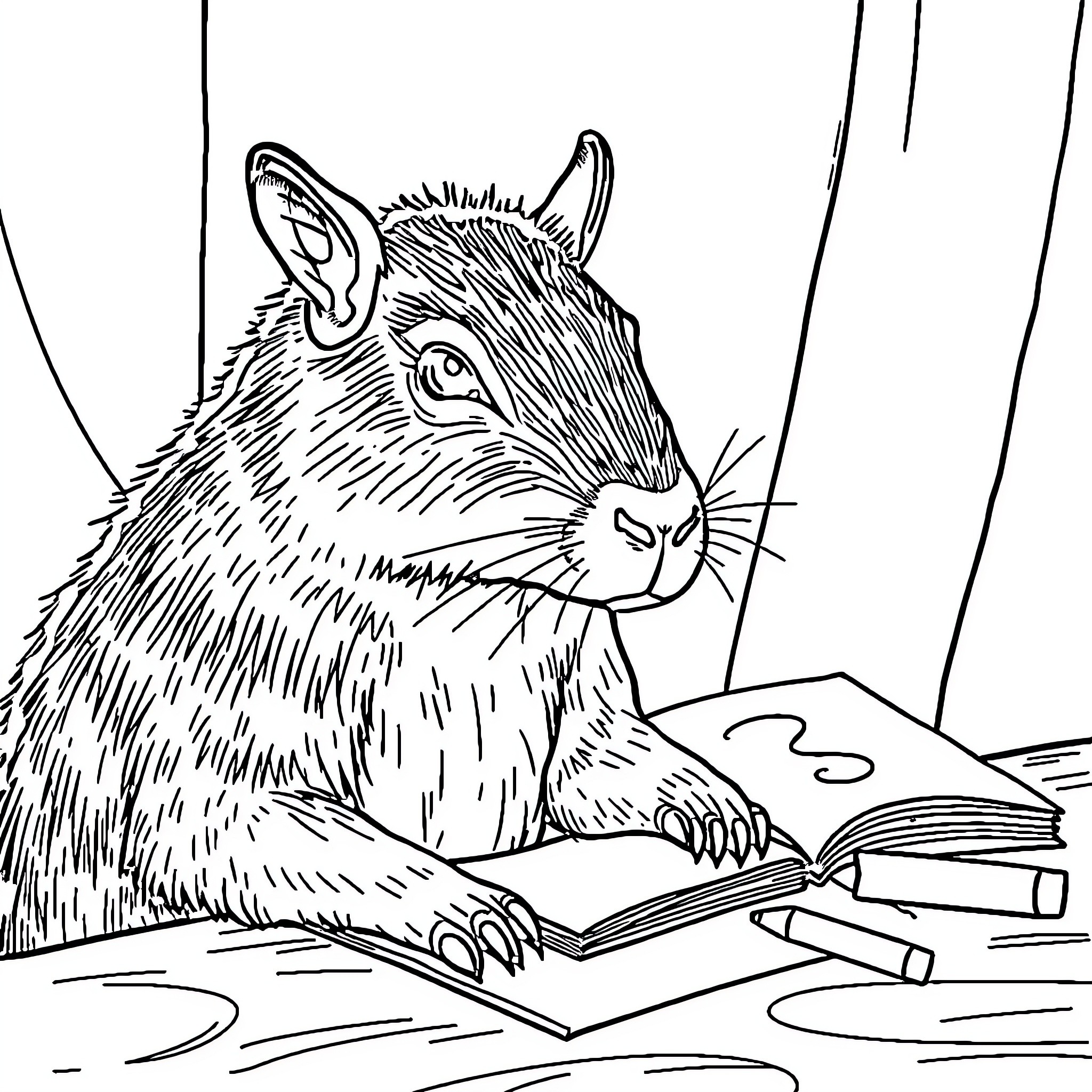 Capybara reading a book intently Coloring Page (free black-and-white line drawing printable PDF for all, from beginners to advanced learners, including children, teens, adults, and seniors)