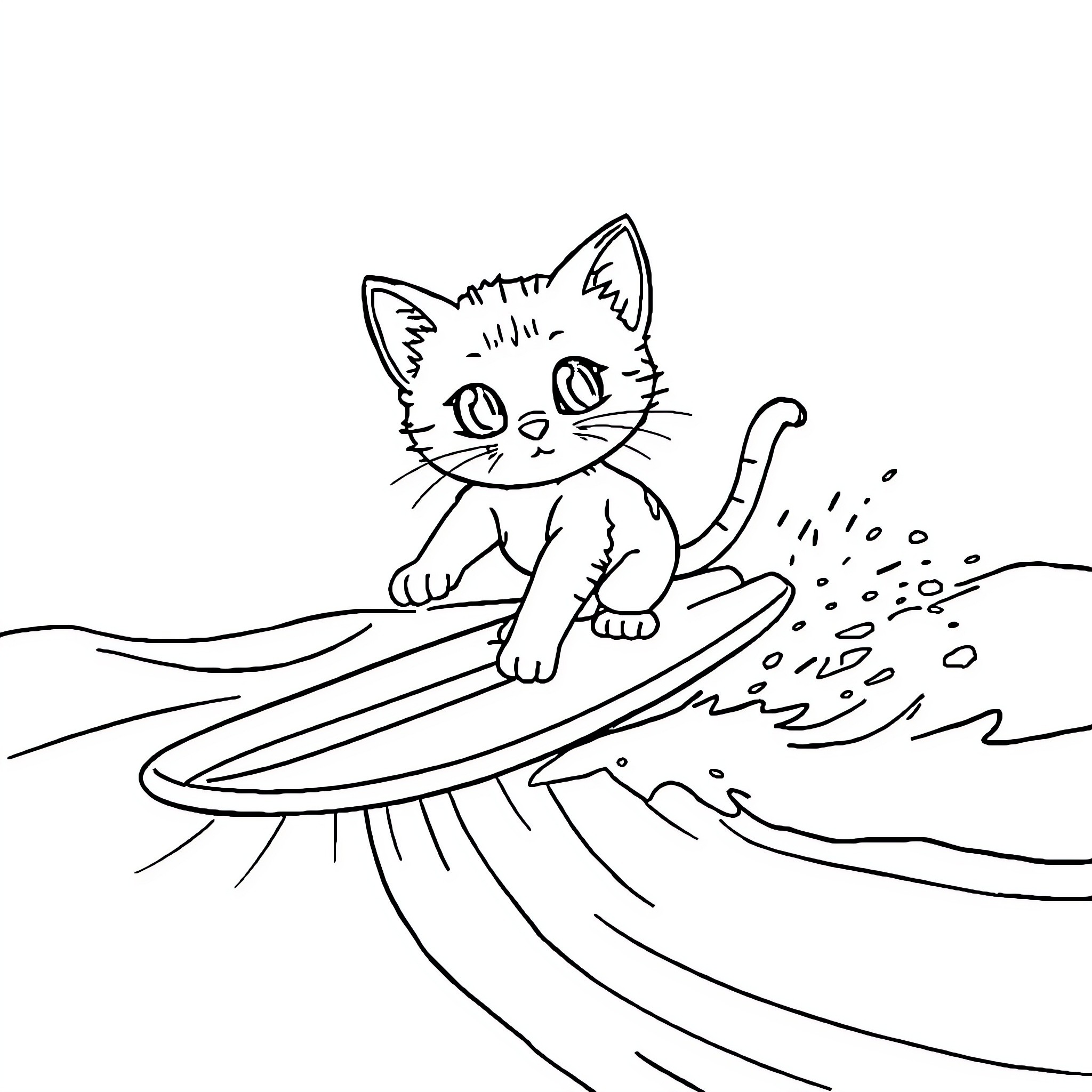 Cat surfing on a wave Coloring Page (free black-and-white line drawing printable PDF for all, from beginners to advanced learners, including children, teens, adults, and seniors)