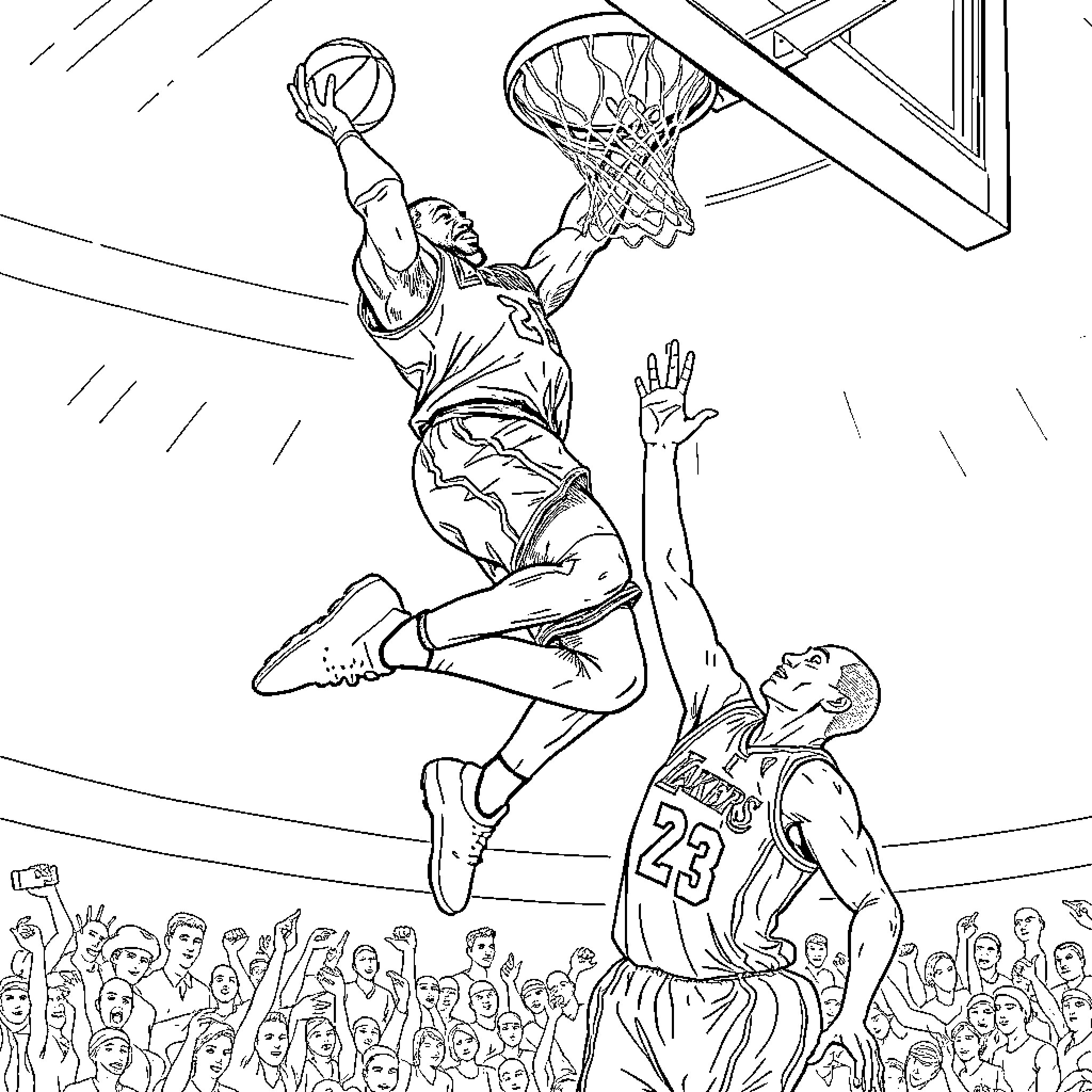 LeBron James Performing a Dramatic Slam Dunk on the Basketball Court Coloring Page (free black-and-white line drawing printable PDF for all, from beginners to advanced learners, including children, teens, adults, and seniors)