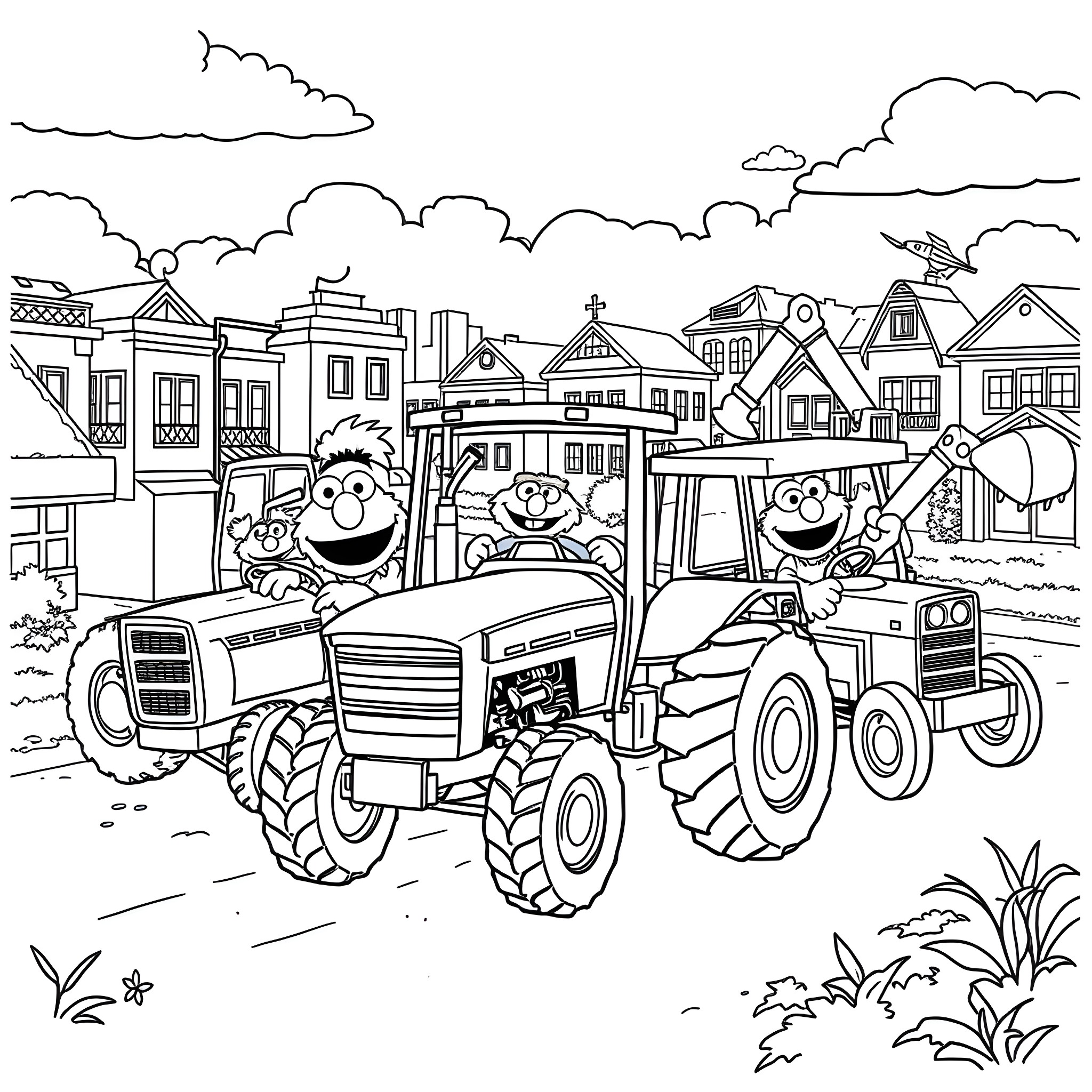 Sesame Street characters riding tractors in a rural town Coloring Page (free black-and-white line drawing printable PDF for all, from beginners to advanced learners, including children, teens, adults, and seniors)