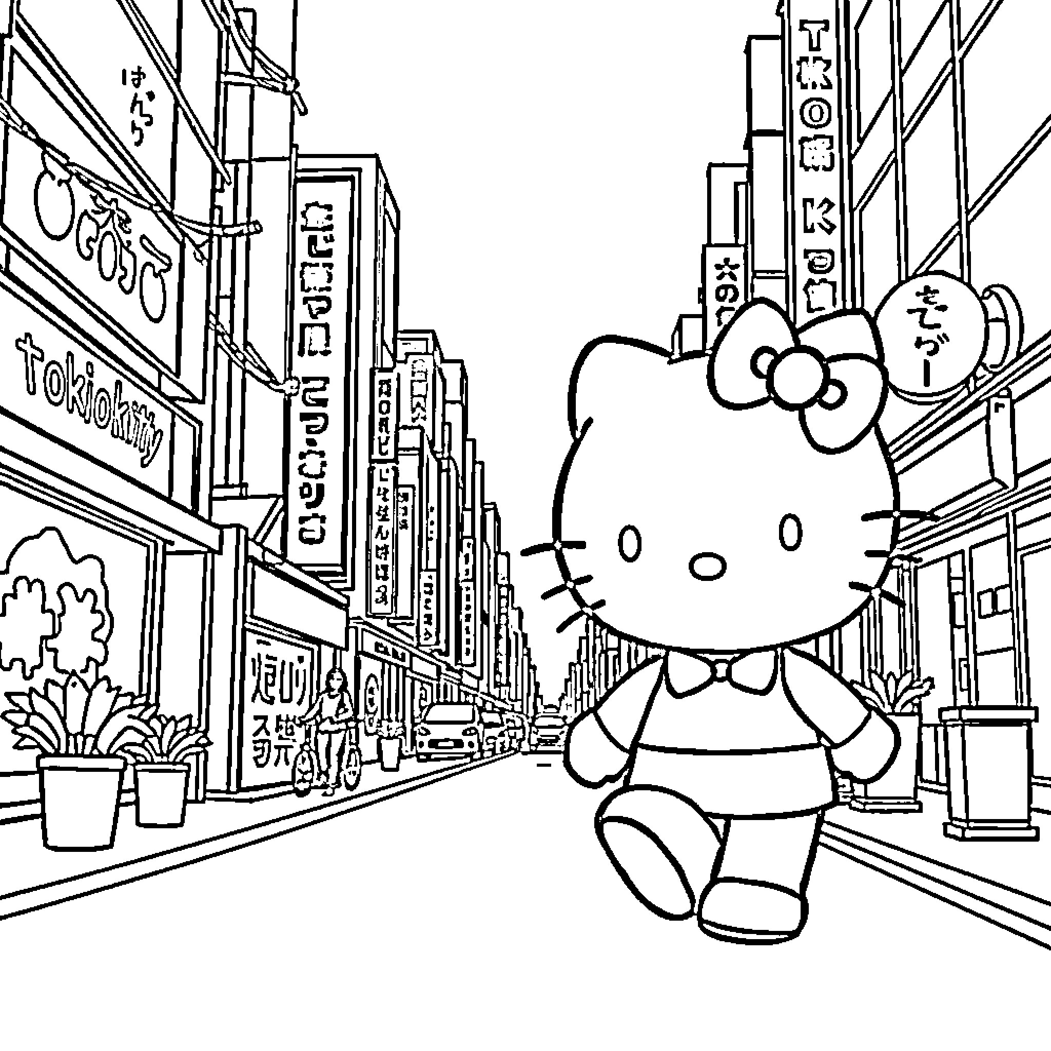 Hello Kitty exploring the bustling city streets Coloring Page (free black-and-white line drawing printable PDF for all, from beginners to advanced learners, including children, teens, adults, and seniors)