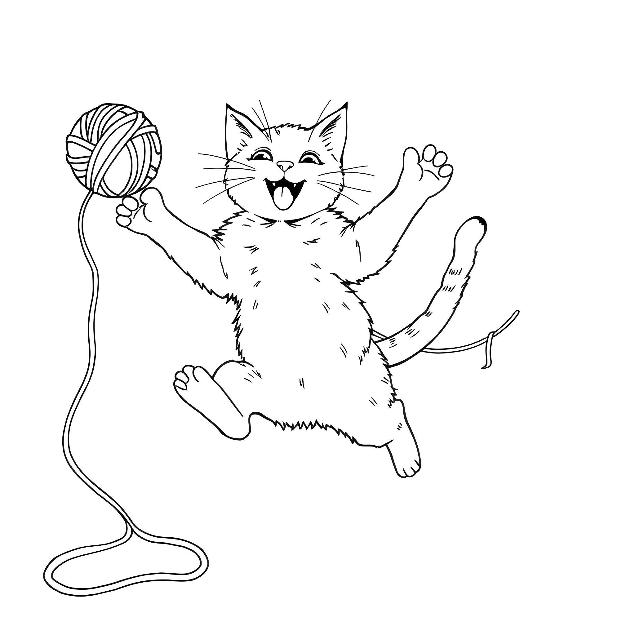 Cat playing joyfully with yarn Coloring Page (free black-and-white line drawing printable PDF for all, from beginners to advanced learners, including children, teens, adults, and seniors)