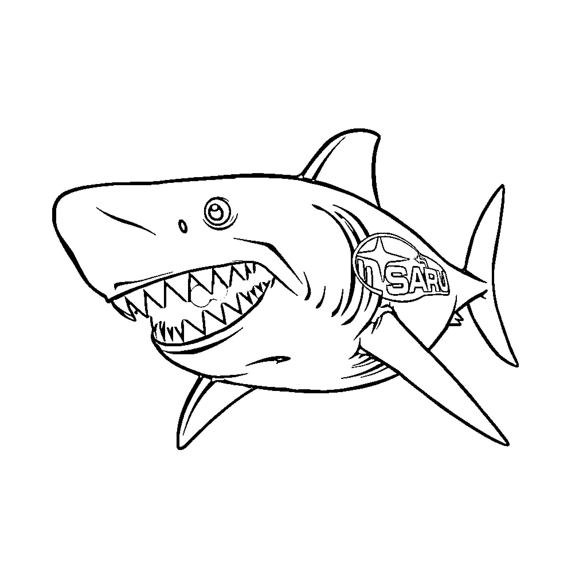 Shark with Ferocious Expression and Teeth Coloring Page (free black-and-white line drawing printable PDF for all, from beginners to advanced learners, including children, teens, adults, and seniors)