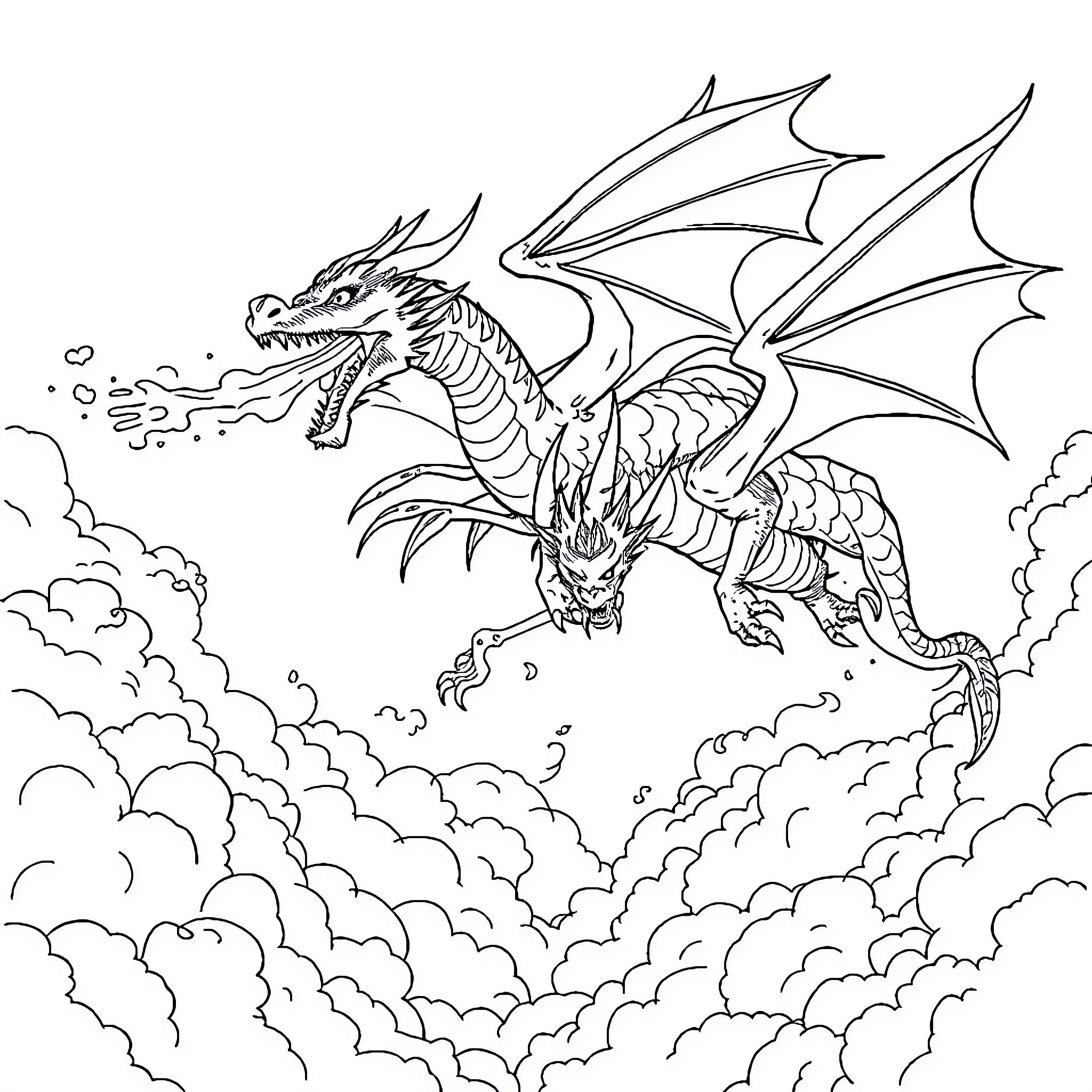 Dragon Soaring Through Cloudy Skies Coloring Page (free black-and-white line drawing printable PDF for all, from beginners to advanced learners, including children, teens, adults, and seniors)