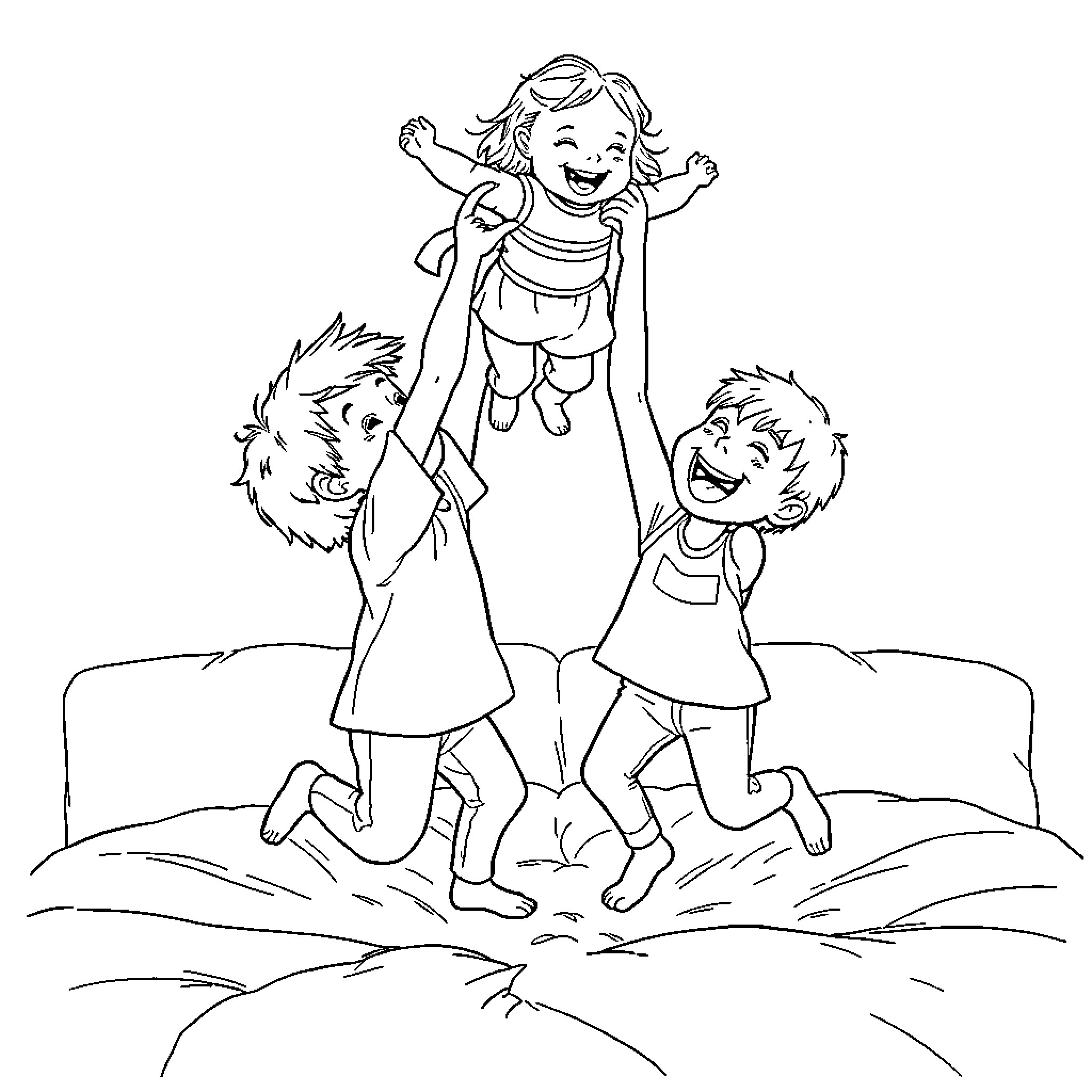 Kid playing energetically with friends outdoors Coloring Page (free black-and-white line drawing printable PDF for all, from beginners to advanced learners, including children, teens, adults, and seniors)