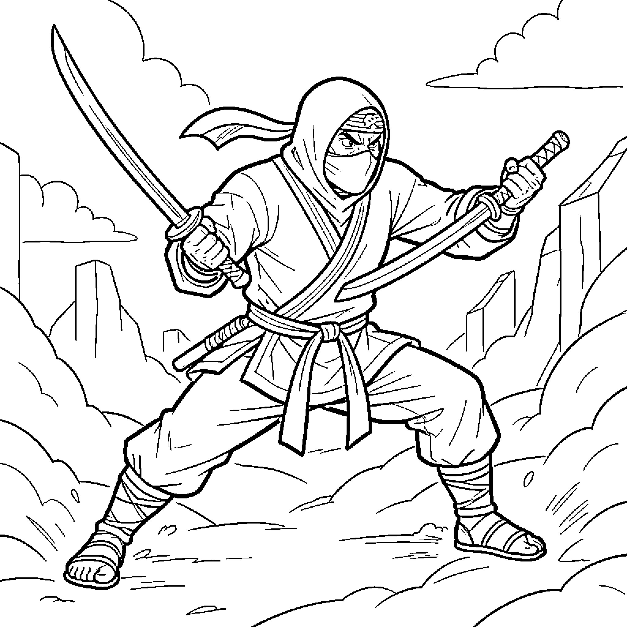 Randy, the Ninja Warrior in Action Coloring Page (free black-and-white line drawing printable PDF for all, from beginners to advanced learners, including children, teens, adults, and seniors)