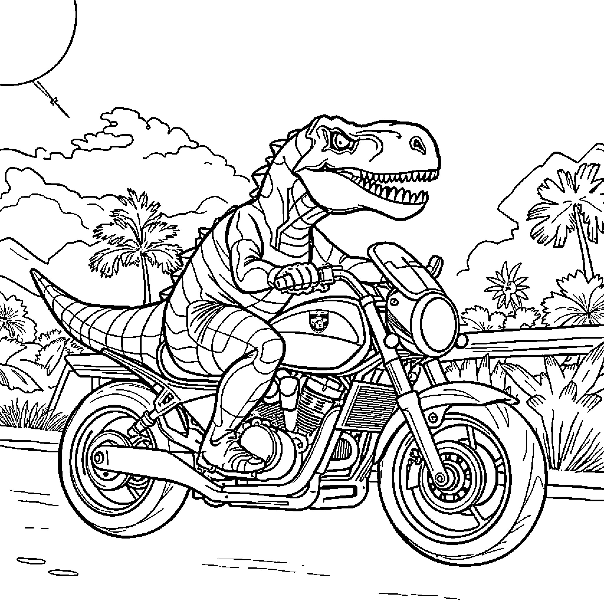 Dinosaur riding a motorcycle in the jungle Coloring Page (free black-and-white line drawing printable PDF for all, from beginners to advanced learners, including children, teens, adults, and seniors)