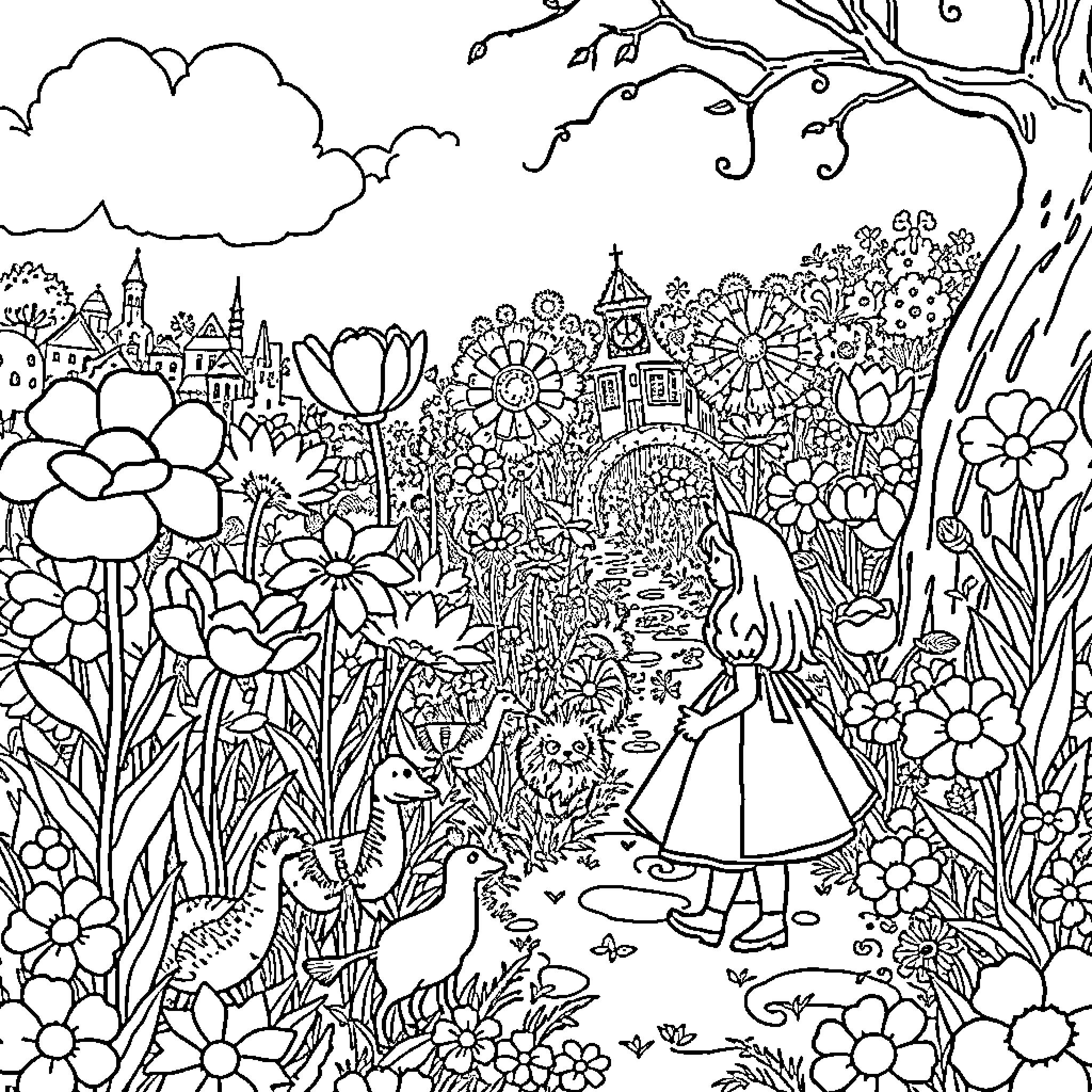 Alice explores the whimsical garden of flowers and creatures Coloring Page (free black-and-white line drawing printable PDF for all, from beginners to advanced learners, including children, teens, adults, and seniors)