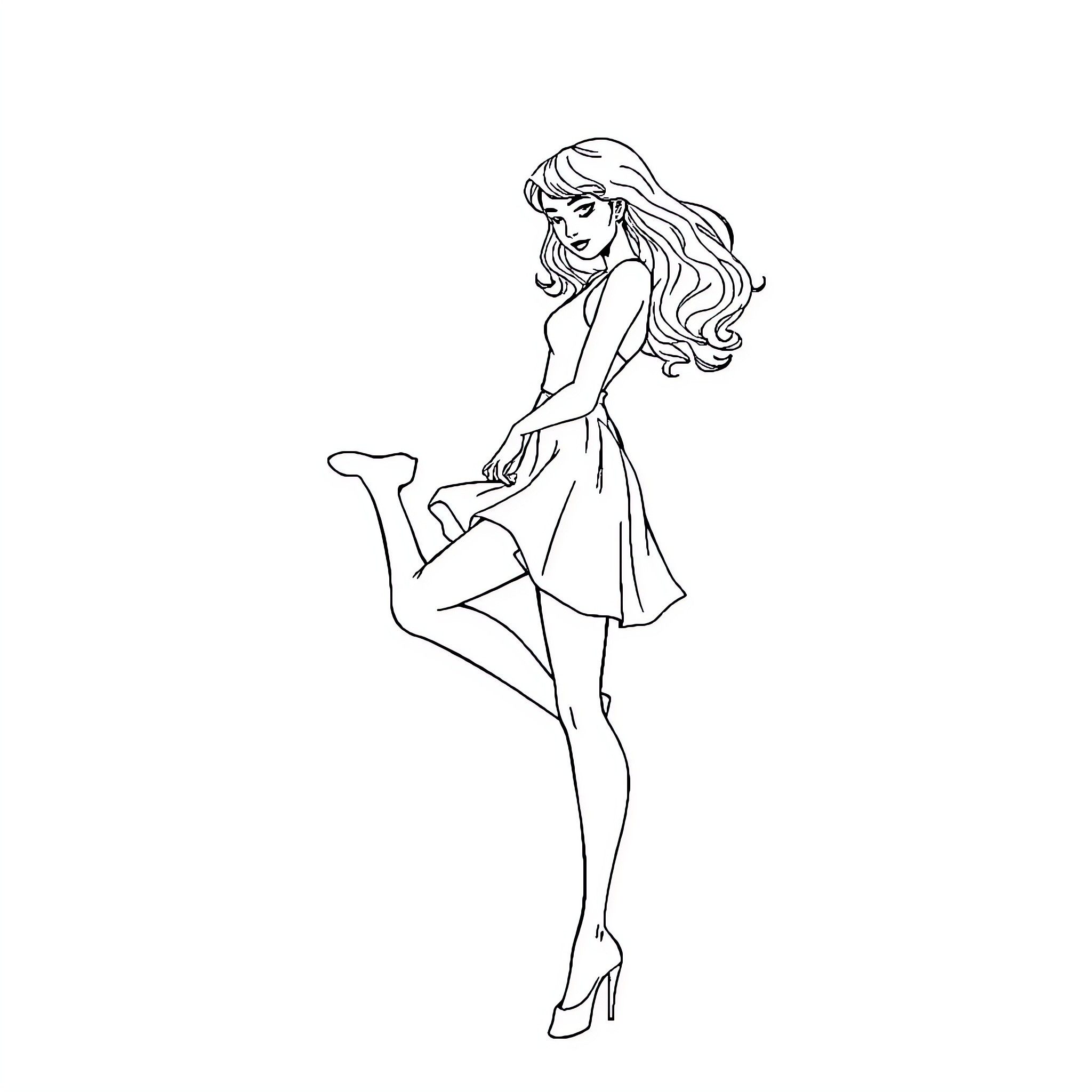 Girl posing confidently in stylish dress Coloring Page (free black-and-white line drawing printable PDF for all, from beginners to advanced learners, including children, teens, adults, and seniors)