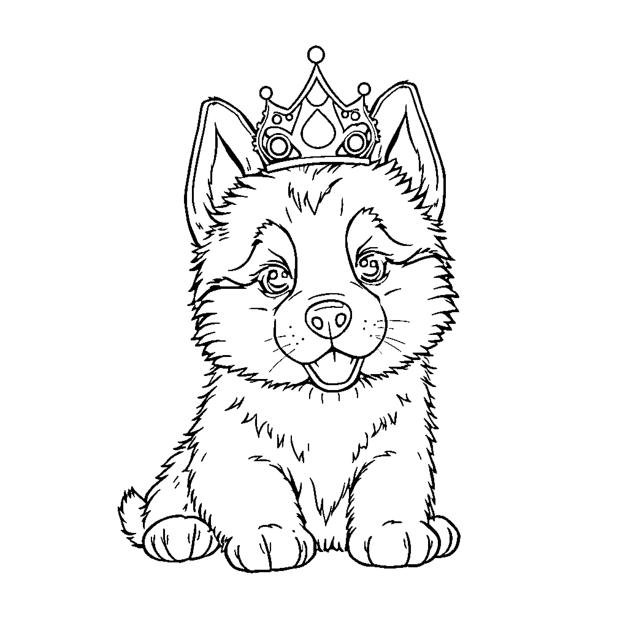 Husky wearing a crown with a happy expression Coloring Page (free black-and-white line drawing printable PDF for all, from beginners to advanced learners, including children, teens, adults, and seniors)