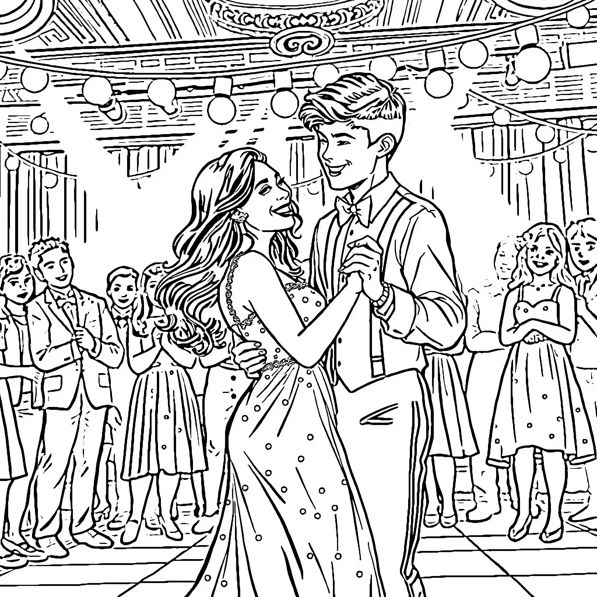 Tina's Enchanting Dance at the Elegant Gala Coloring Page (free black-and-white line drawing printable PDF for all, from beginners to advanced learners, including children, teens, adults, and seniors)