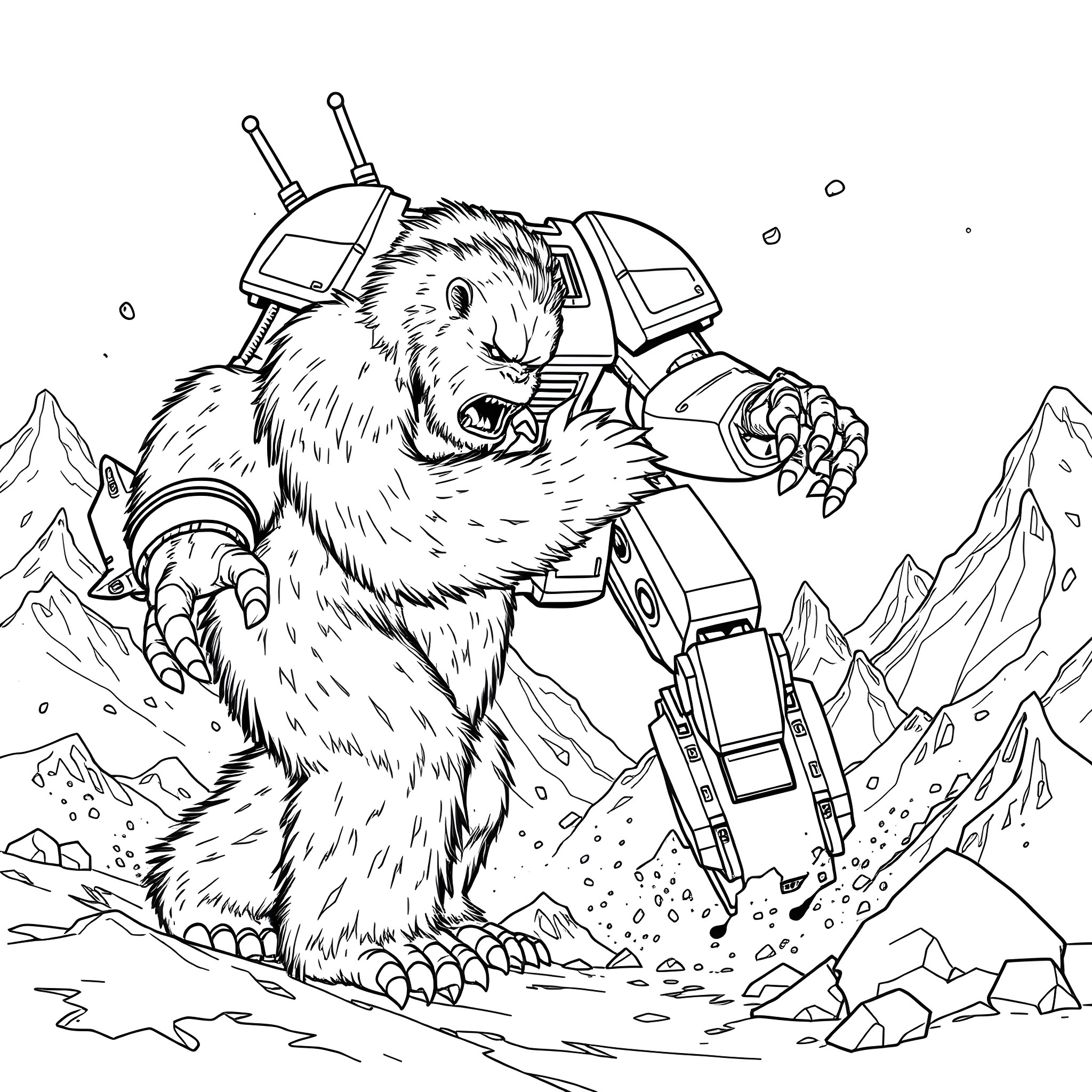 Yeti Operating a Futuristic Mech in Snowy Mountains Coloring Page (free black-and-white line drawing printable PDF for all, from beginners to advanced learners, including children, teens, adults, and seniors)
