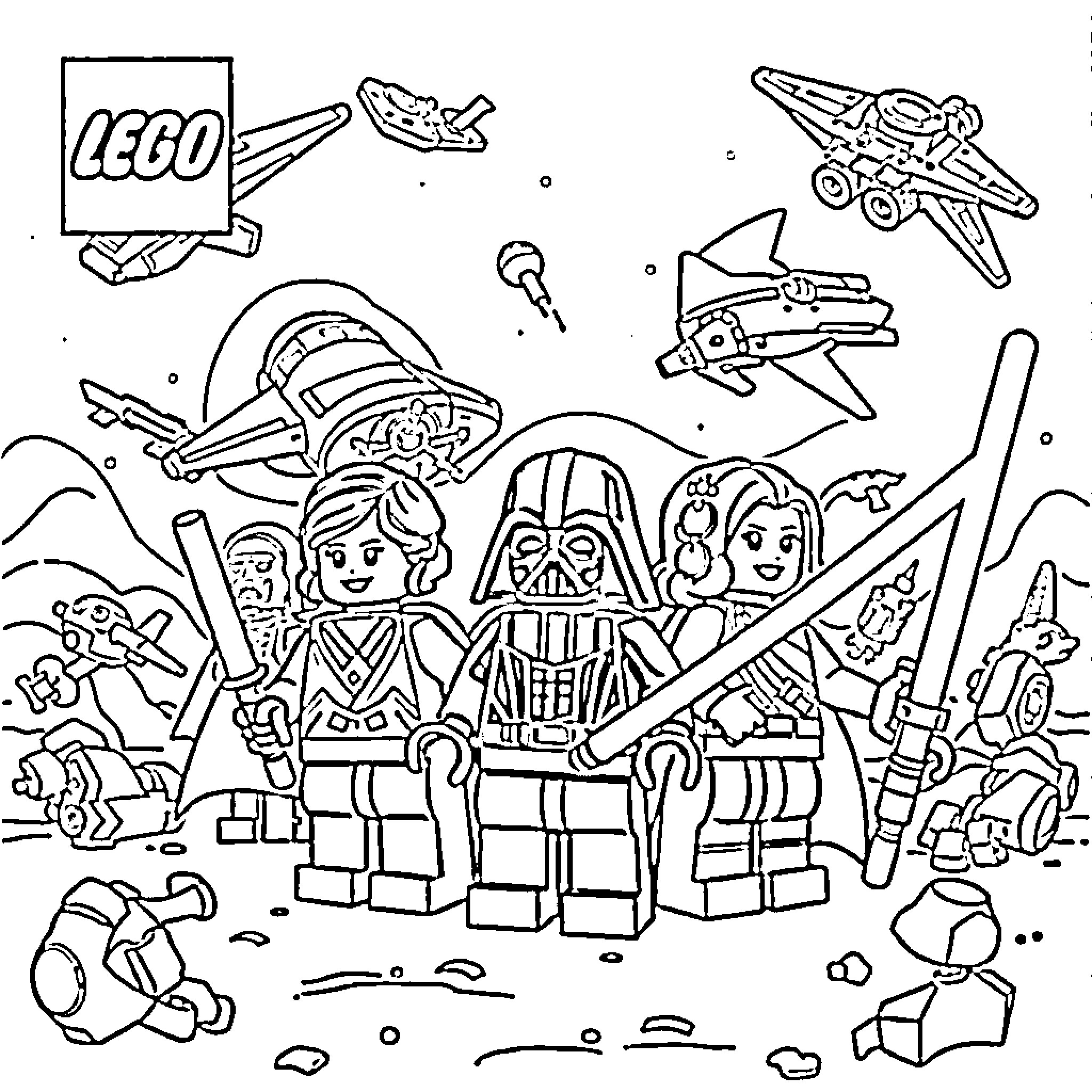 Star Wars Characters in Epic Lego Adventure Coloring Page (free black-and-white line drawing printable PDF for all, from beginners to advanced learners, including children, teens, adults, and seniors)