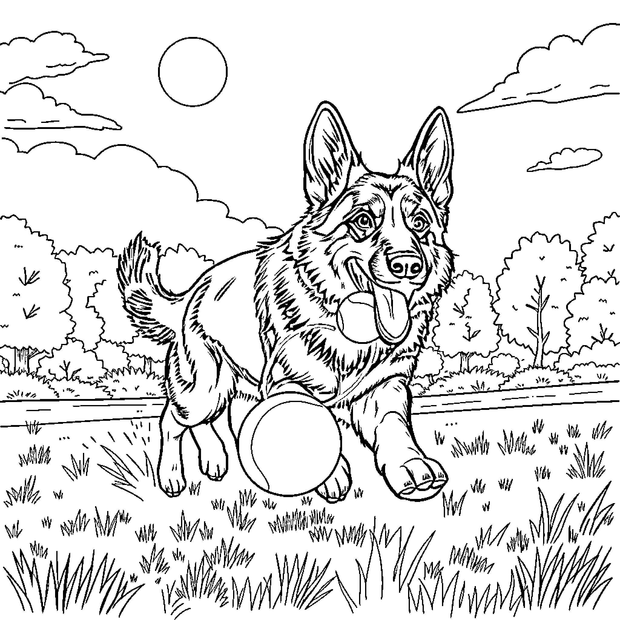 German Shepherd exploring the tranquil wilderness Coloring Page (free black-and-white line drawing printable PDF for all, from beginners to advanced learners, including children, teens, adults, and seniors)