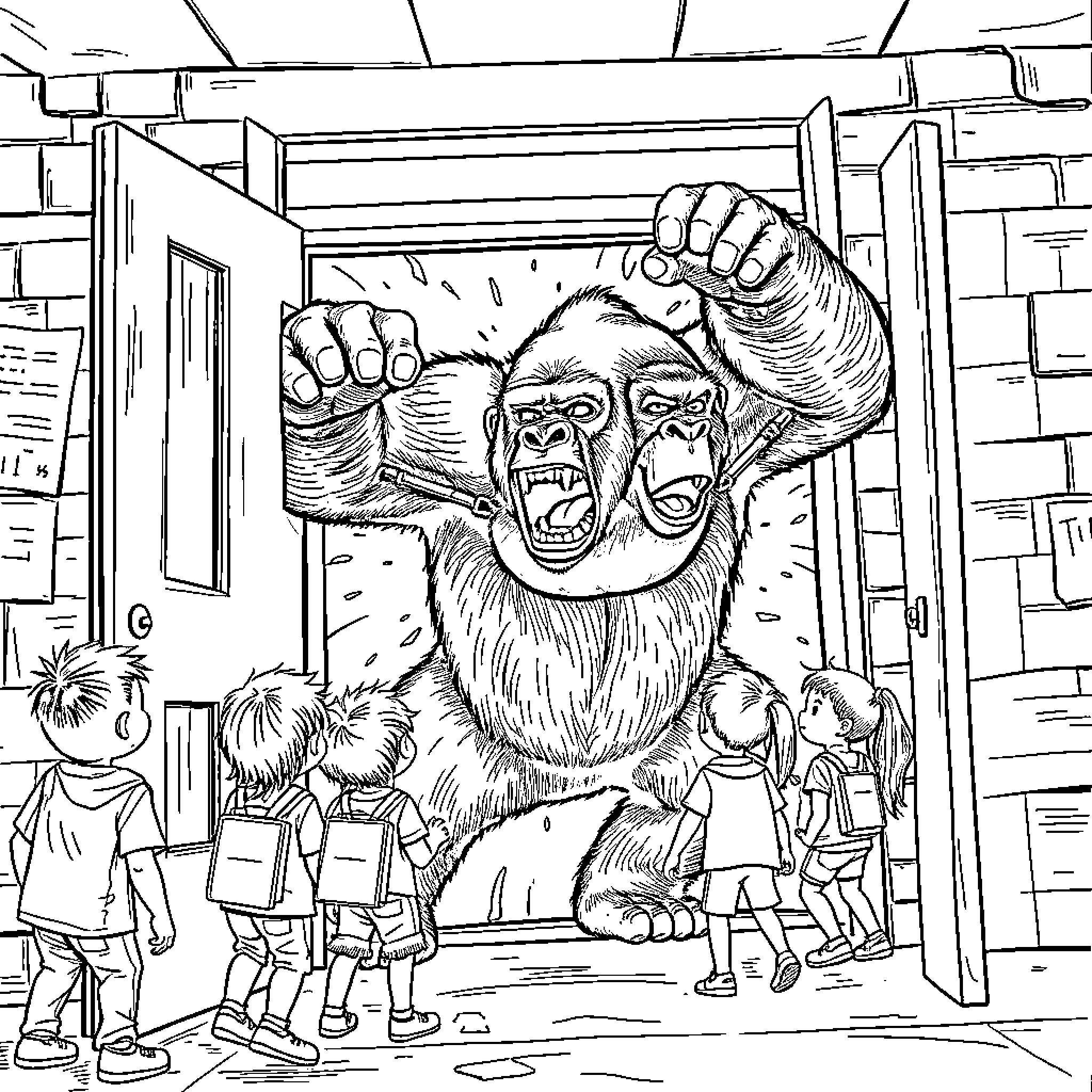 Gorilla breaking out of building, frightening onlookers Coloring Page (free black-and-white line drawing printable PDF for all, from beginners to advanced learners, including children, teens, adults, and seniors)