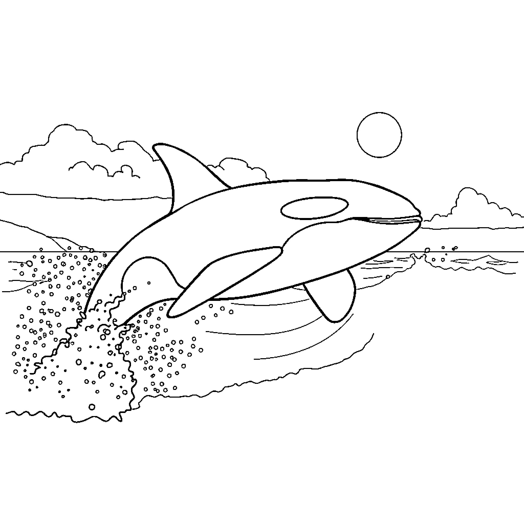 Orca swimming through the ocean Coloring Page (free black-and-white line drawing printable PDF for all, from beginners to advanced learners, including children, teens, adults, and seniors)