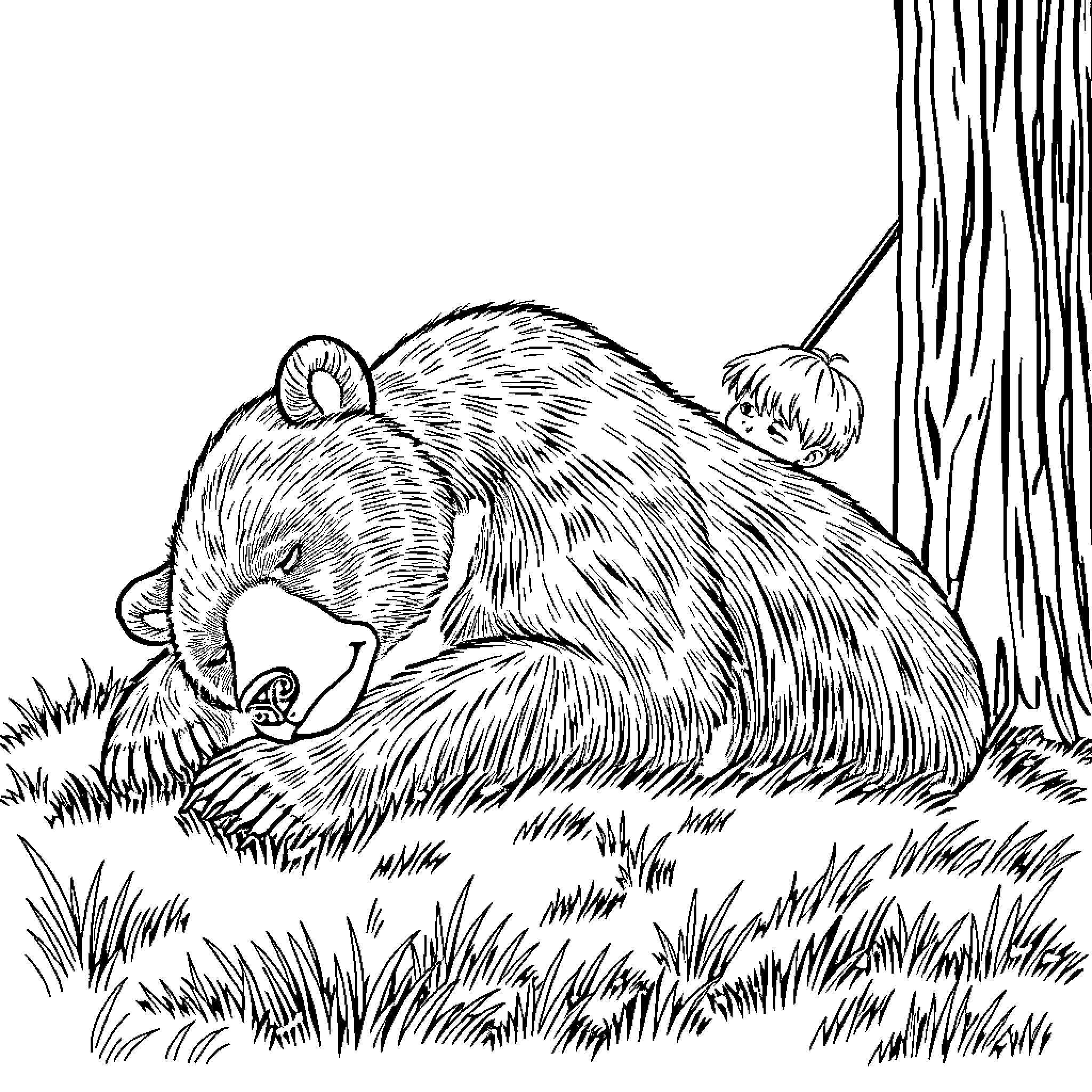 Bear sleeping peacefully in the forest Coloring Page (free black-and-white line drawing printable PDF for all, from beginners to advanced learners, including children, teens, adults, and seniors)