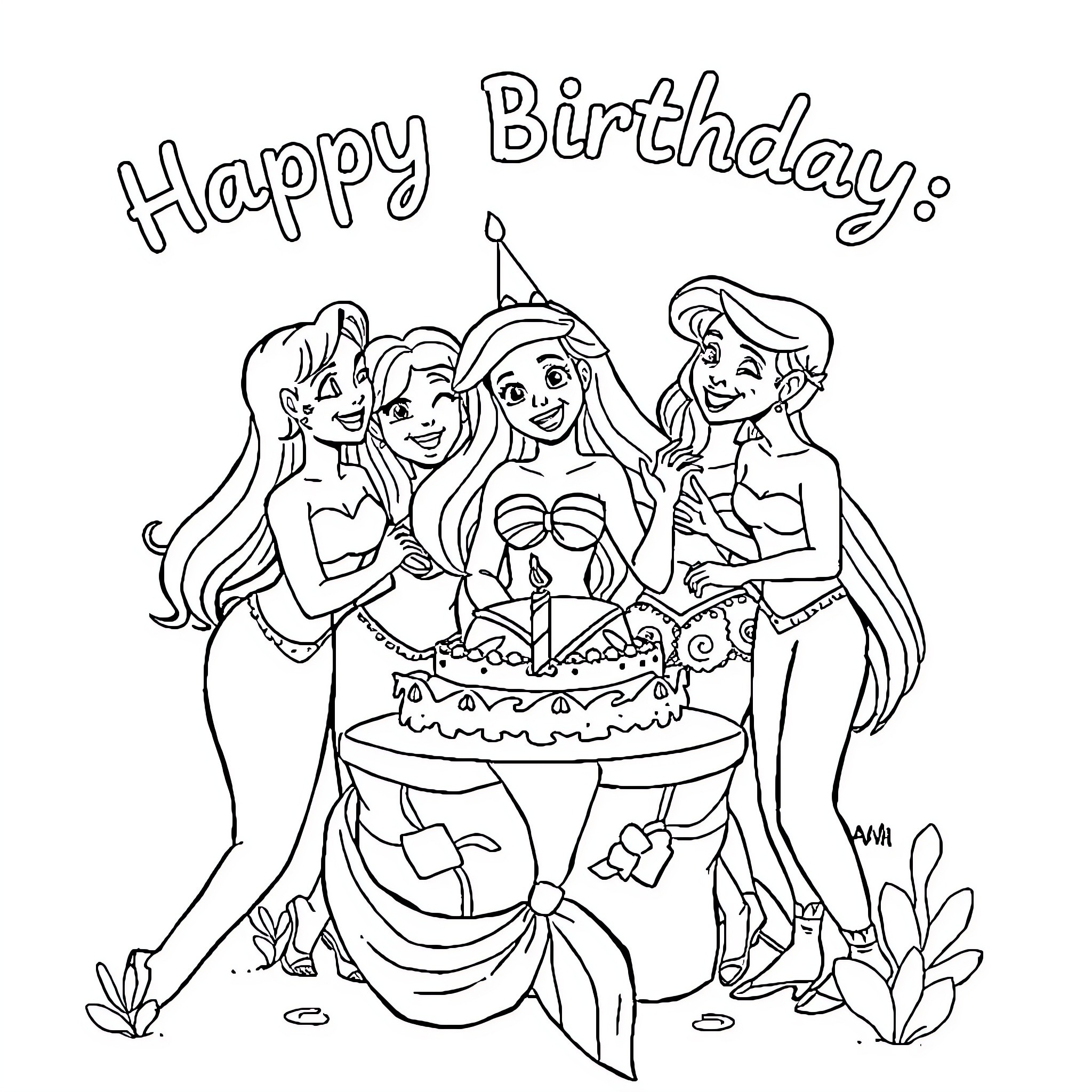 Ariel and friends celebrating a birthday party Coloring Page (free black-and-white line drawing printable PDF for all, from beginners to advanced learners, including children, teens, adults, and seniors)