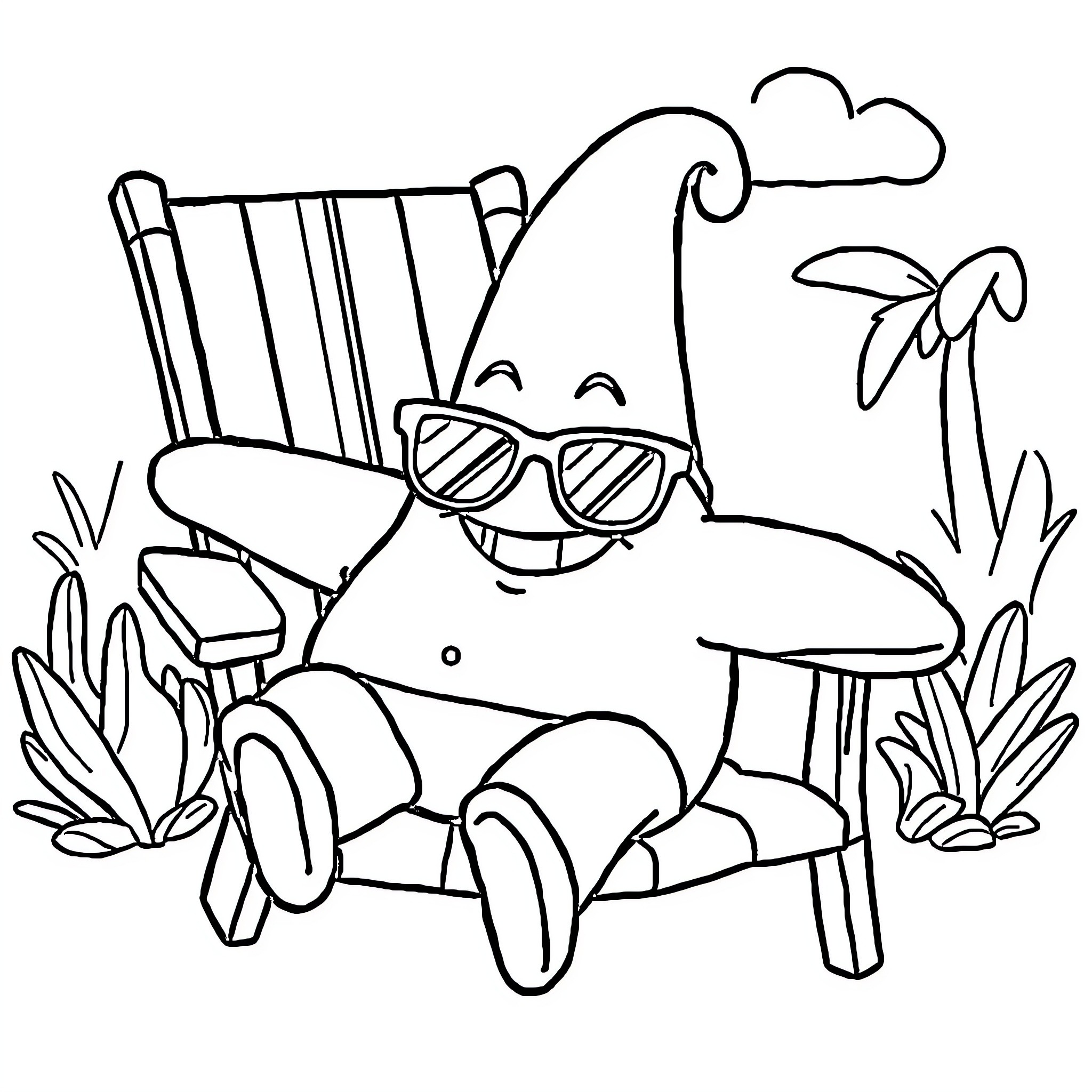Patrick Star relaxing on a beach chair in the sun Coloring Page (free black-and-white line drawing printable PDF for all, from beginners to advanced learners, including children, teens, adults, and seniors)