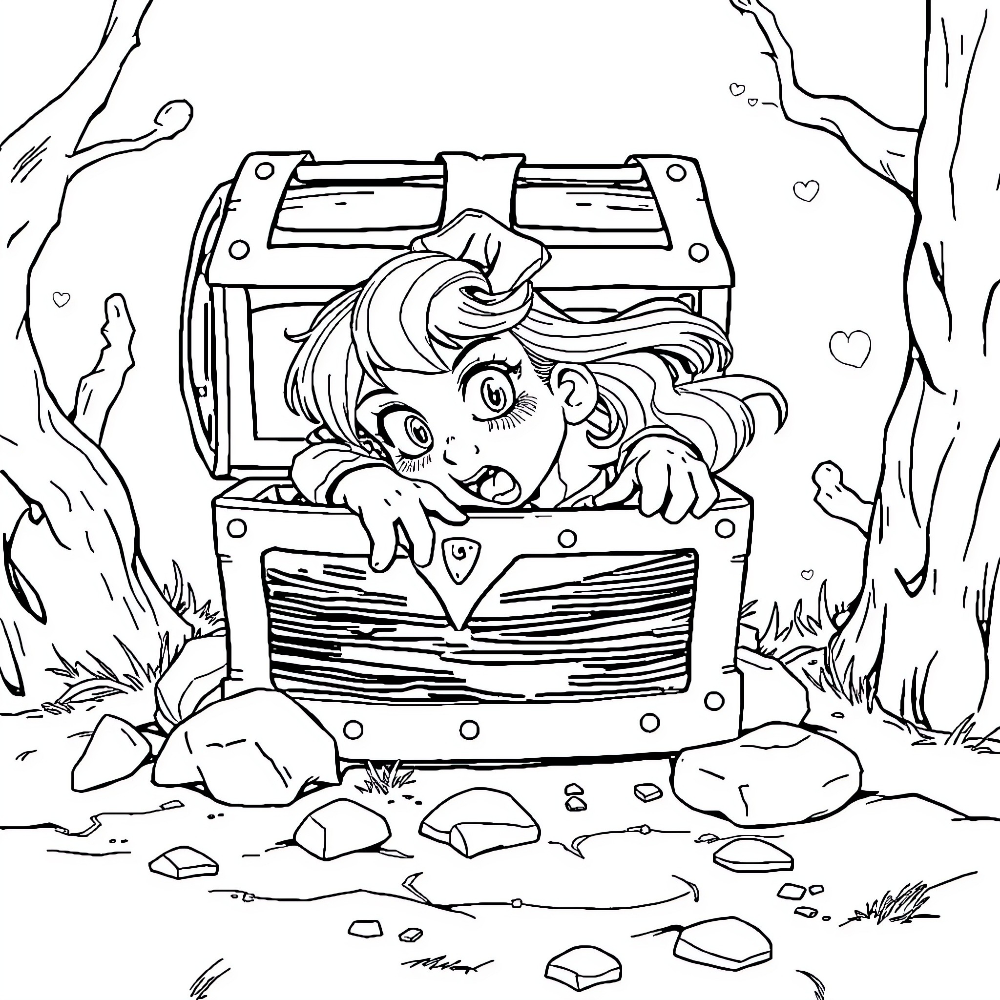 Frieren's Discovery of the Treasure Chest Coloring Page (free black-and-white line drawing printable PDF for all, from beginners to advanced learners, including children, teens, adults, and seniors)