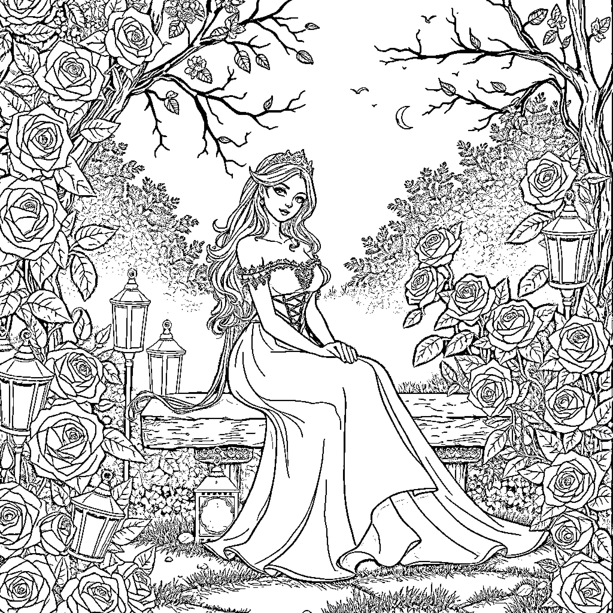 Princess in a Majestic Rose Garden Coloring Page (free black-and-white line drawing printable PDF for all, from beginners to advanced learners, including children, teens, adults, and seniors)