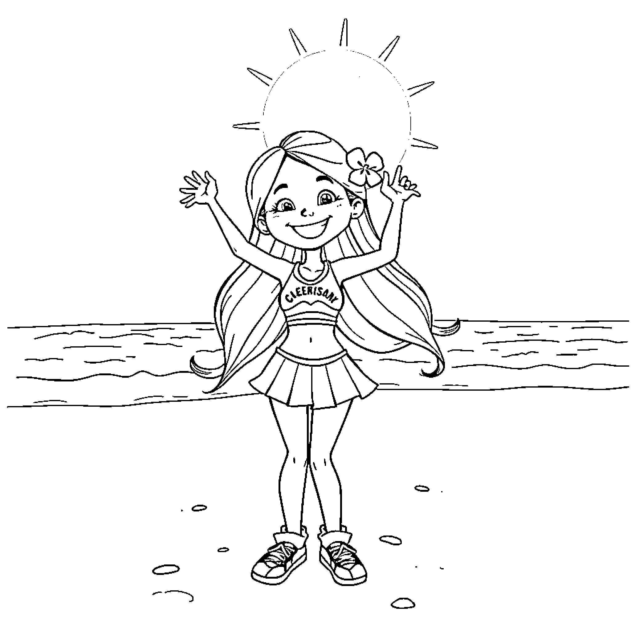 Cheerleader's joyful dance on the beach Coloring Page (free black-and-white line drawing printable PDF for all, from beginners to advanced learners, including children, teens, adults, and seniors)