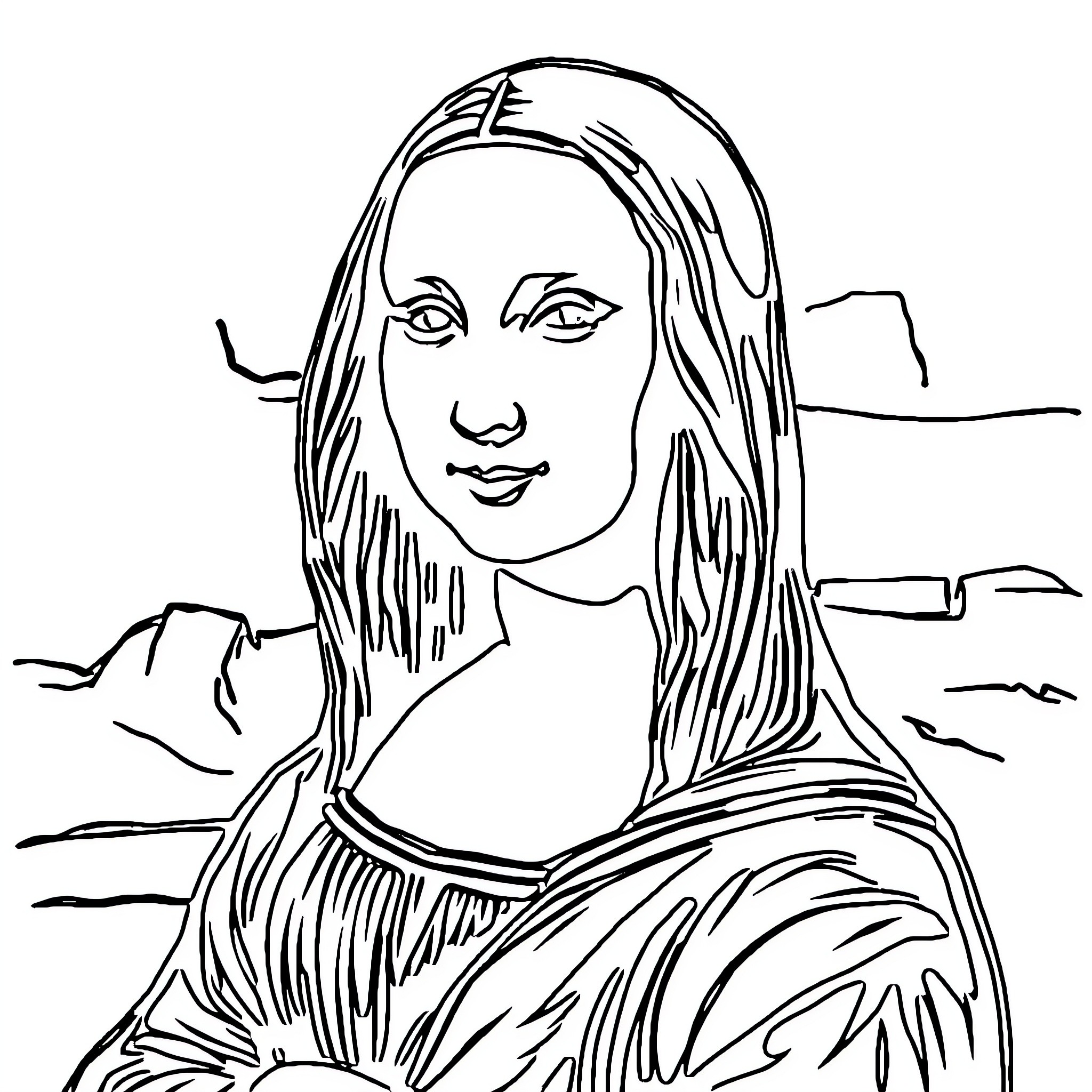 Mona Lisa's Pensive Gaze Coloring Page (free black-and-white line drawing printable PDF for all, from beginners to advanced learners, including children, teens, adults, and seniors)
