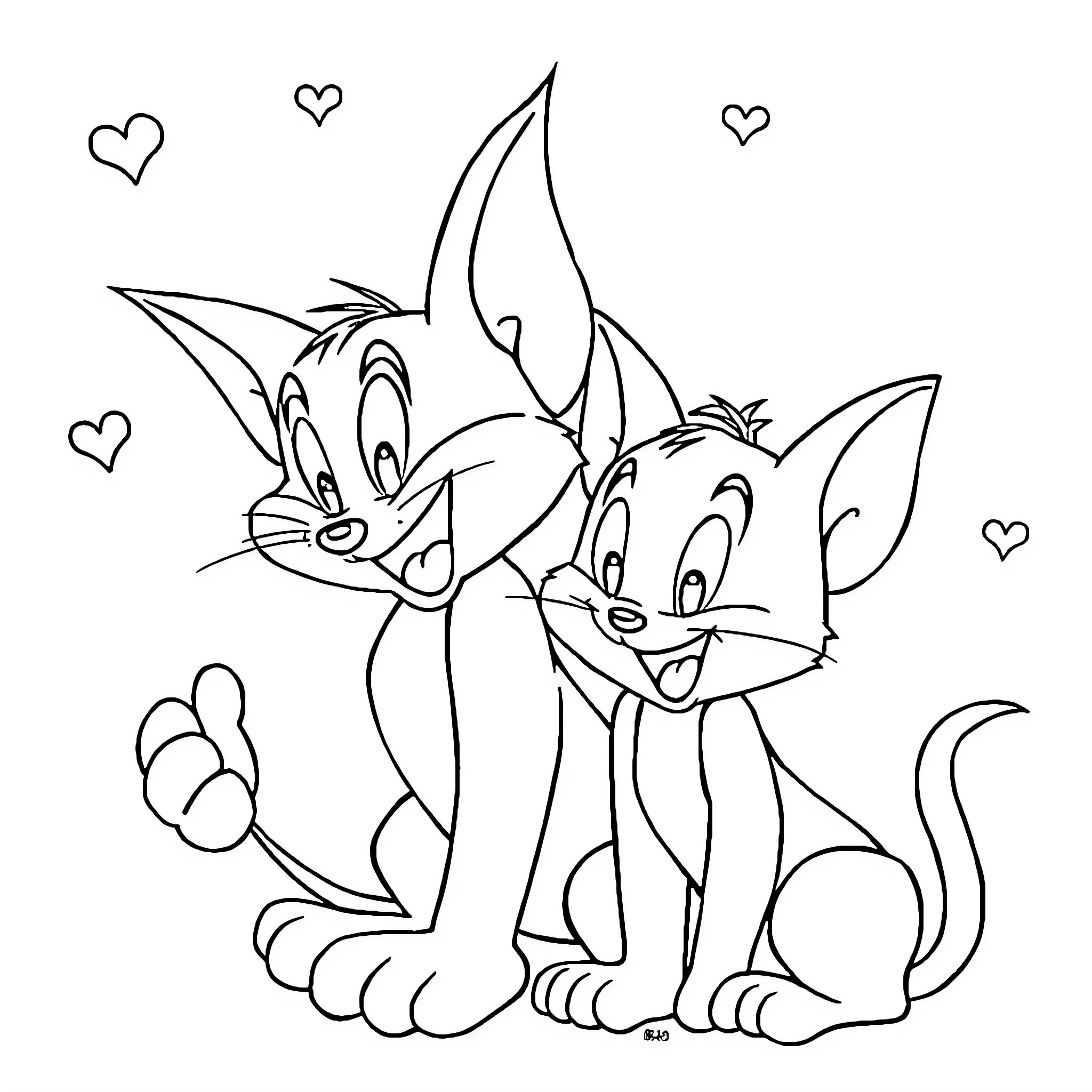 Tom and Jerry playing together happily Coloring Page (free black-and-white line drawing printable PDF for all, from beginners to advanced learners, including children, teens, adults, and seniors)