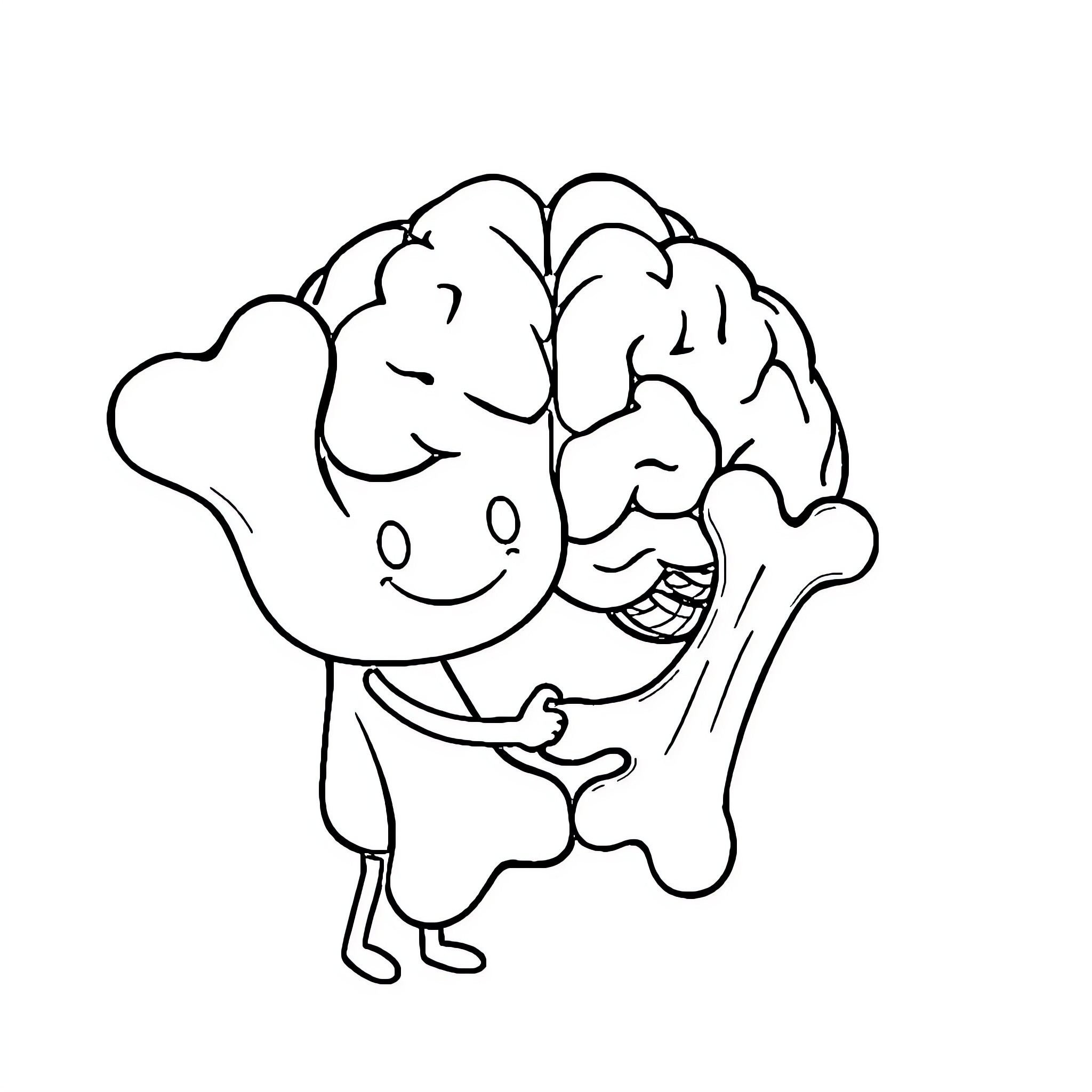 Brain and Bone Embracing Joyfully Coloring Page (free black-and-white line drawing printable PDF for all, from beginners to advanced learners, including children, teens, adults, and seniors)