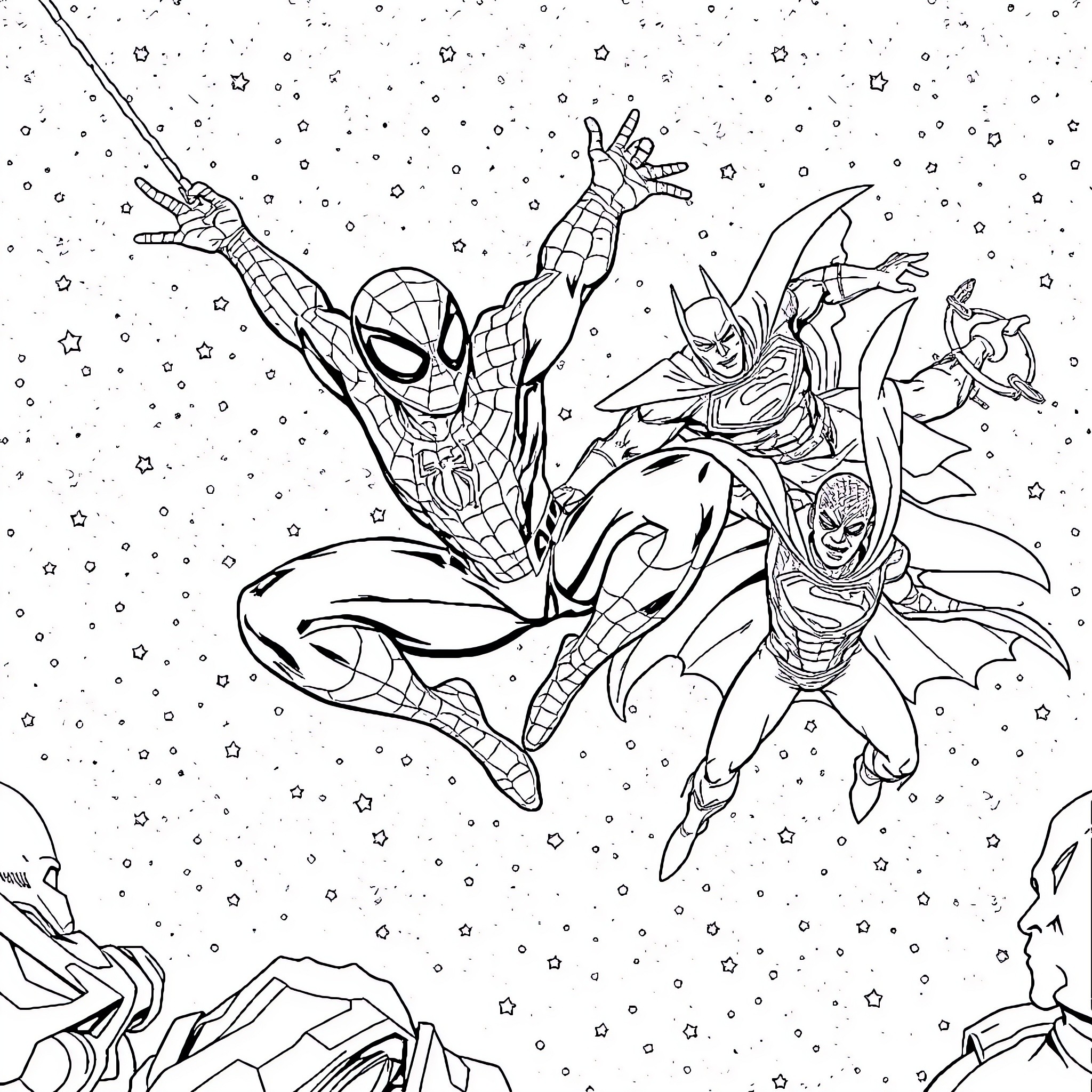 Superheroes in Cosmic Clash Coloring Page (free black-and-white line drawing printable PDF for all, from beginners to advanced learners, including children, teens, adults, and seniors)