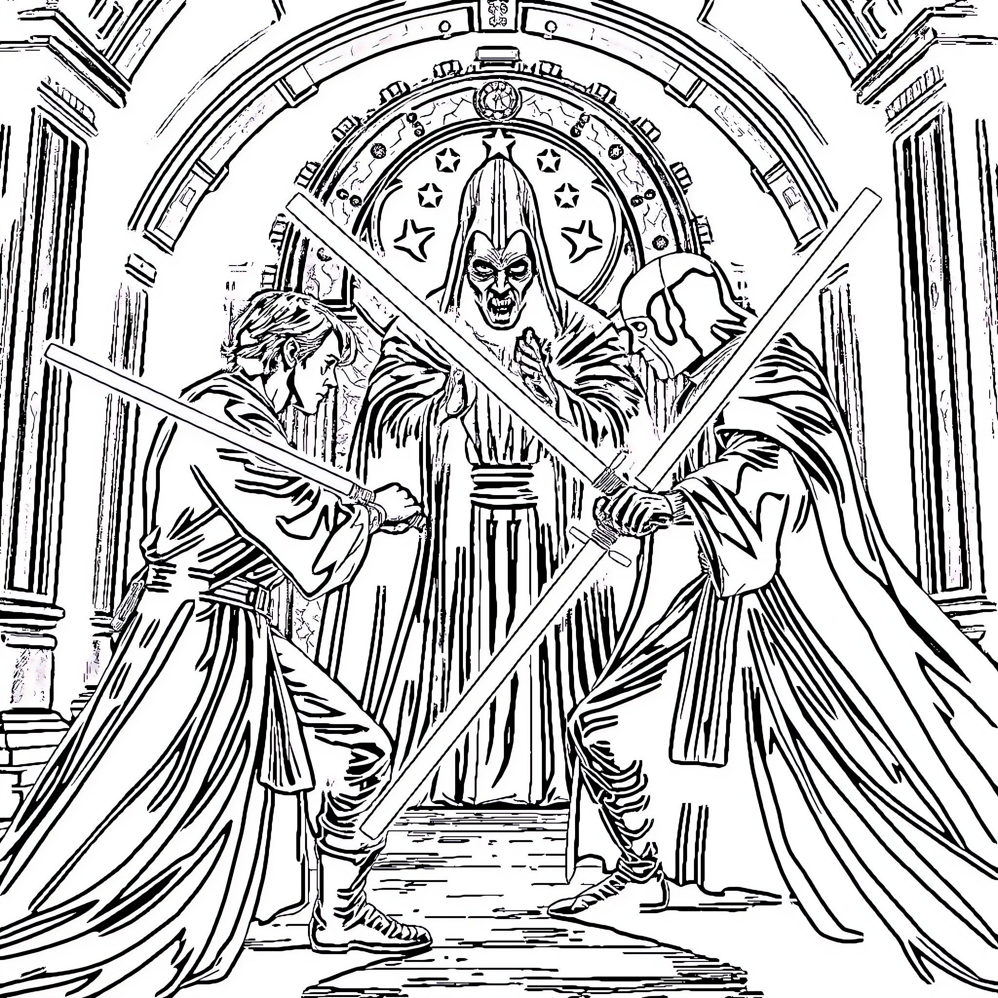Anakin Skywalker battles the Emperor in dramatic confrontation Coloring Page (free black-and-white line drawing printable PDF for all, from beginners to advanced learners, including children, teens, adults, and seniors)