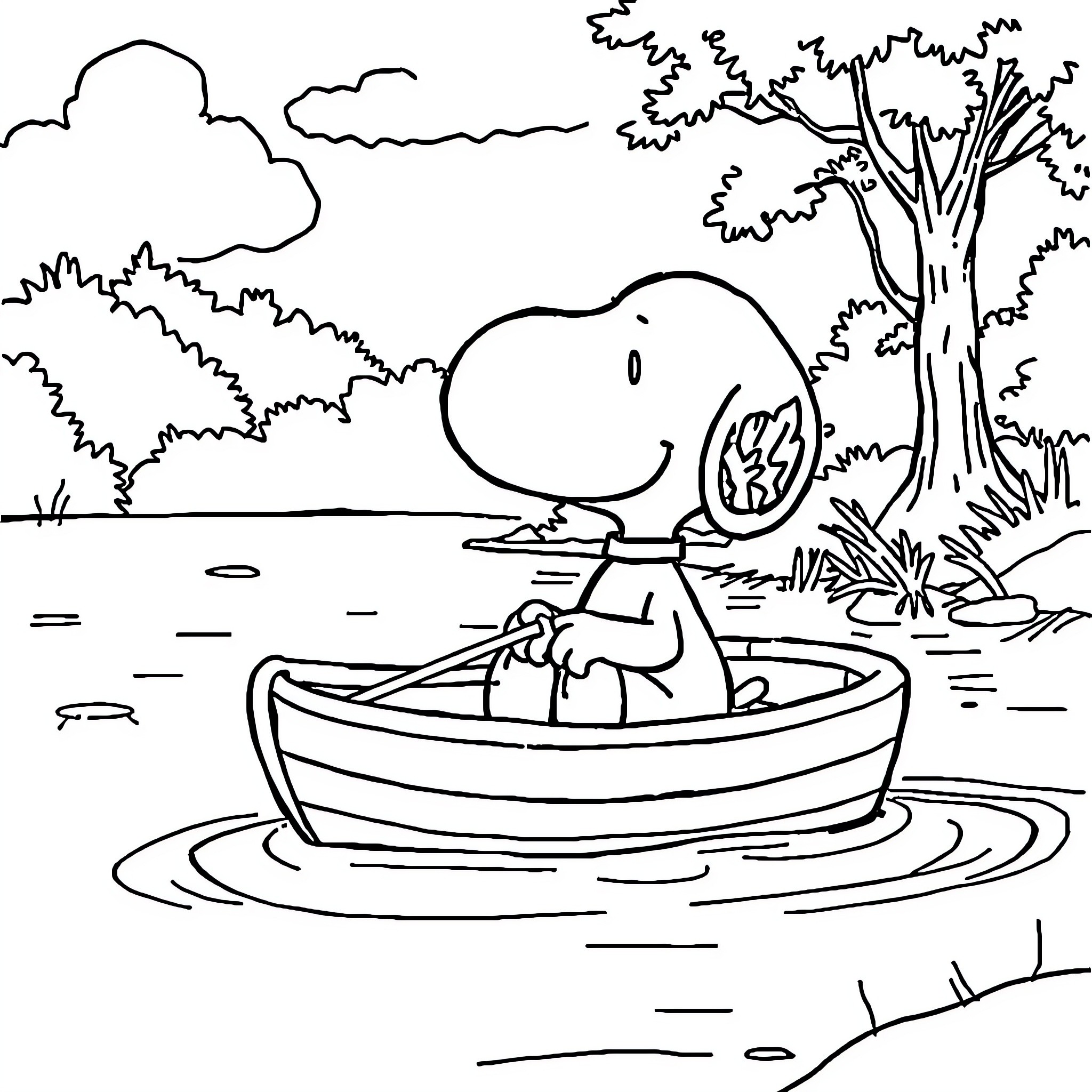 Snoopy enjoying a peaceful boat ride in nature Coloring Page (free black-and-white line drawing printable PDF for all, from beginners to advanced learners, including children, teens, adults, and seniors)