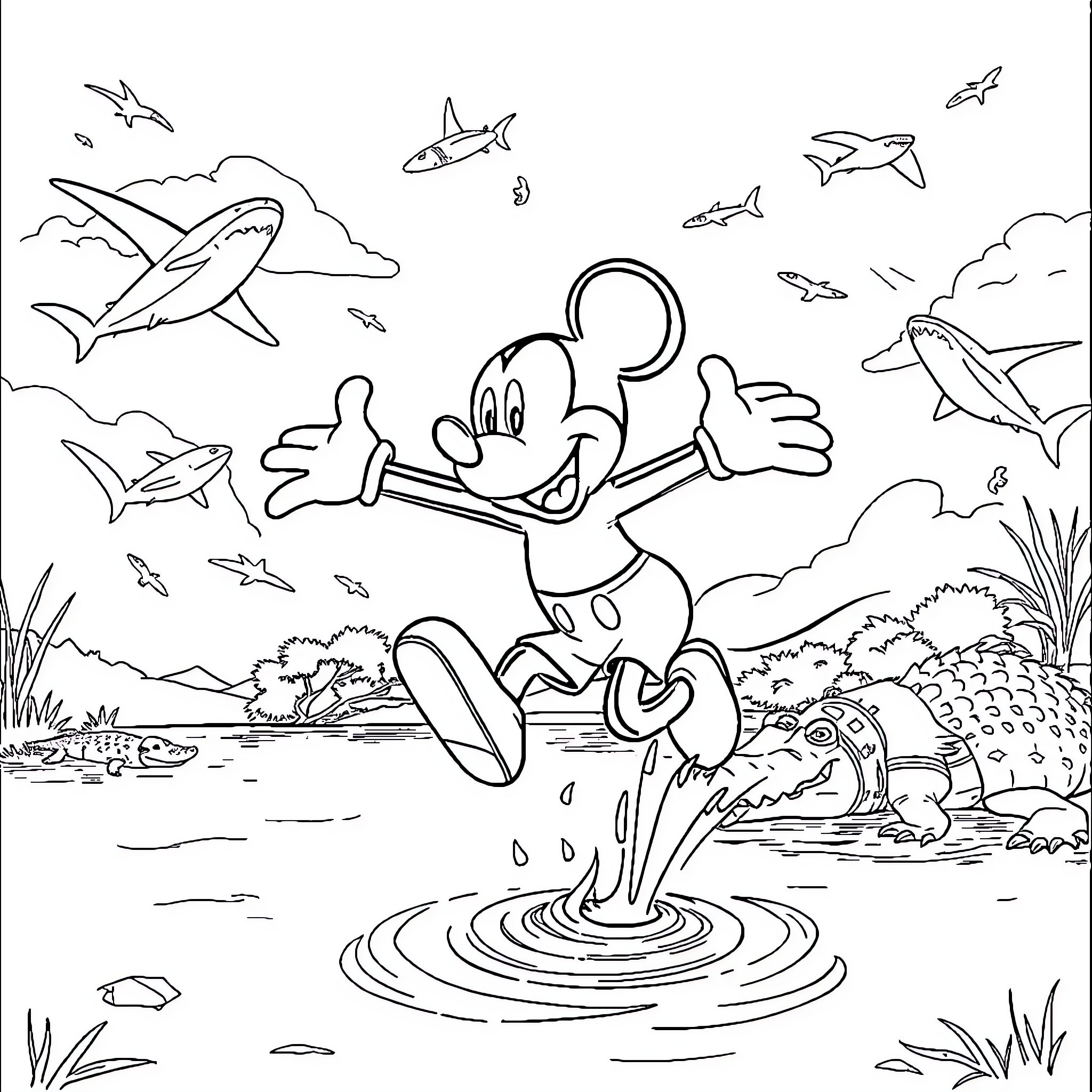 Mickey's Underwater Adventure with Ocean Creatures Coloring Page (free black-and-white line drawing printable PDF for all, from beginners to advanced learners, including children, teens, adults, and seniors)