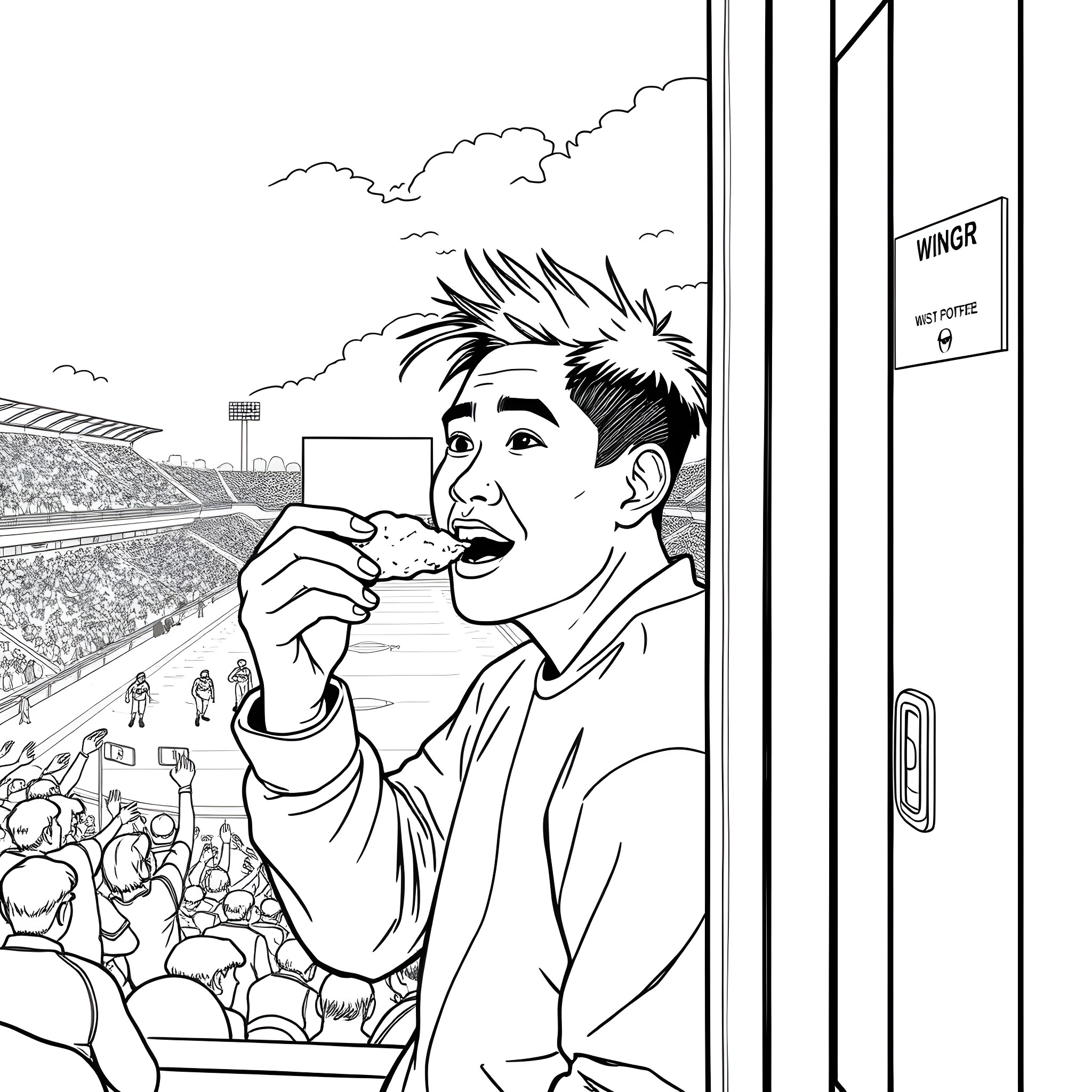 Man enjoys snack while watching sporting event Coloring Page (free black-and-white line drawing printable PDF for all, from beginners to advanced learners, including children, teens, adults, and seniors)