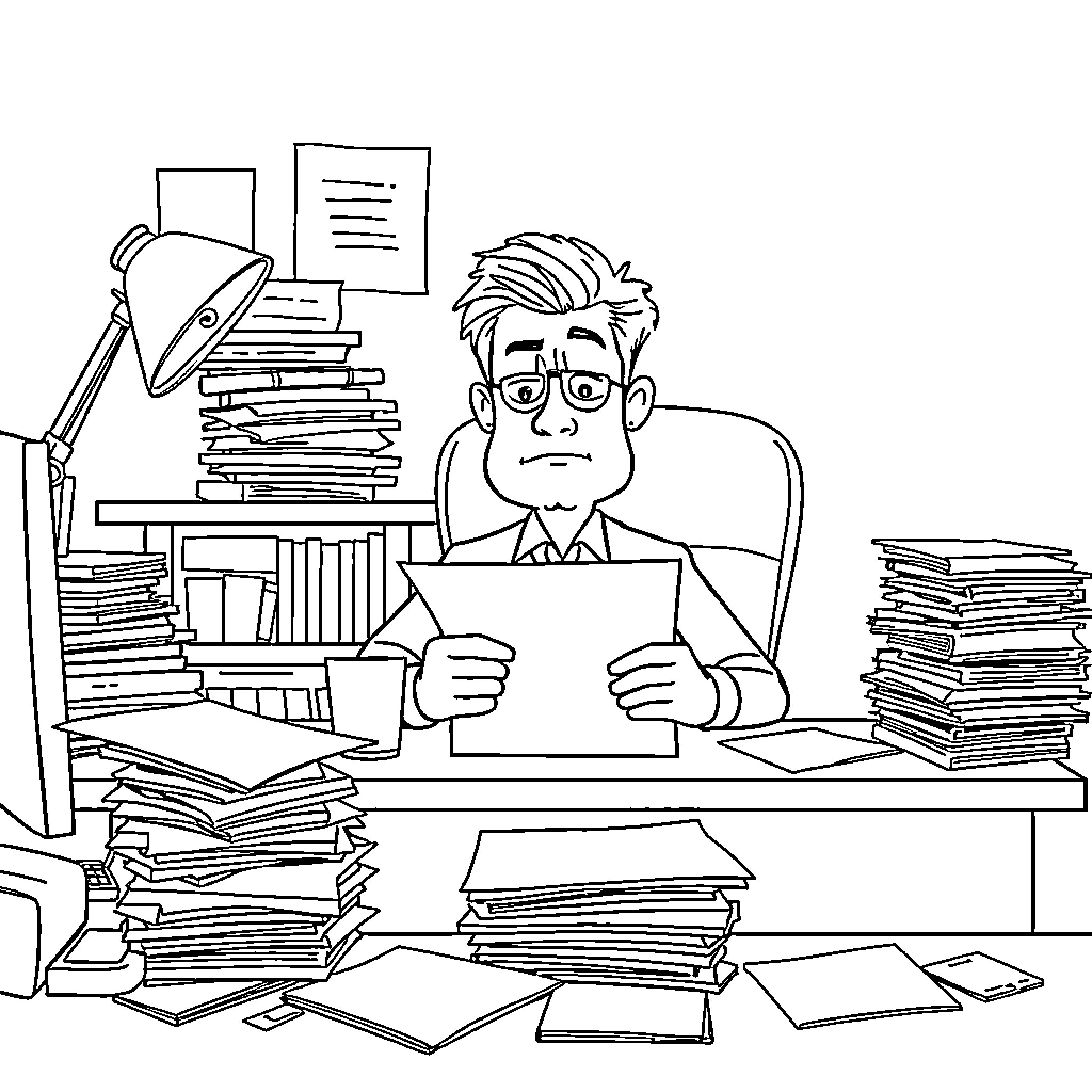 Office Worker Overwhelmed by Paperwork and Deadlines Coloring Page (free black-and-white line drawing printable PDF for all, from beginners to advanced learners, including children, teens, adults, and seniors)
