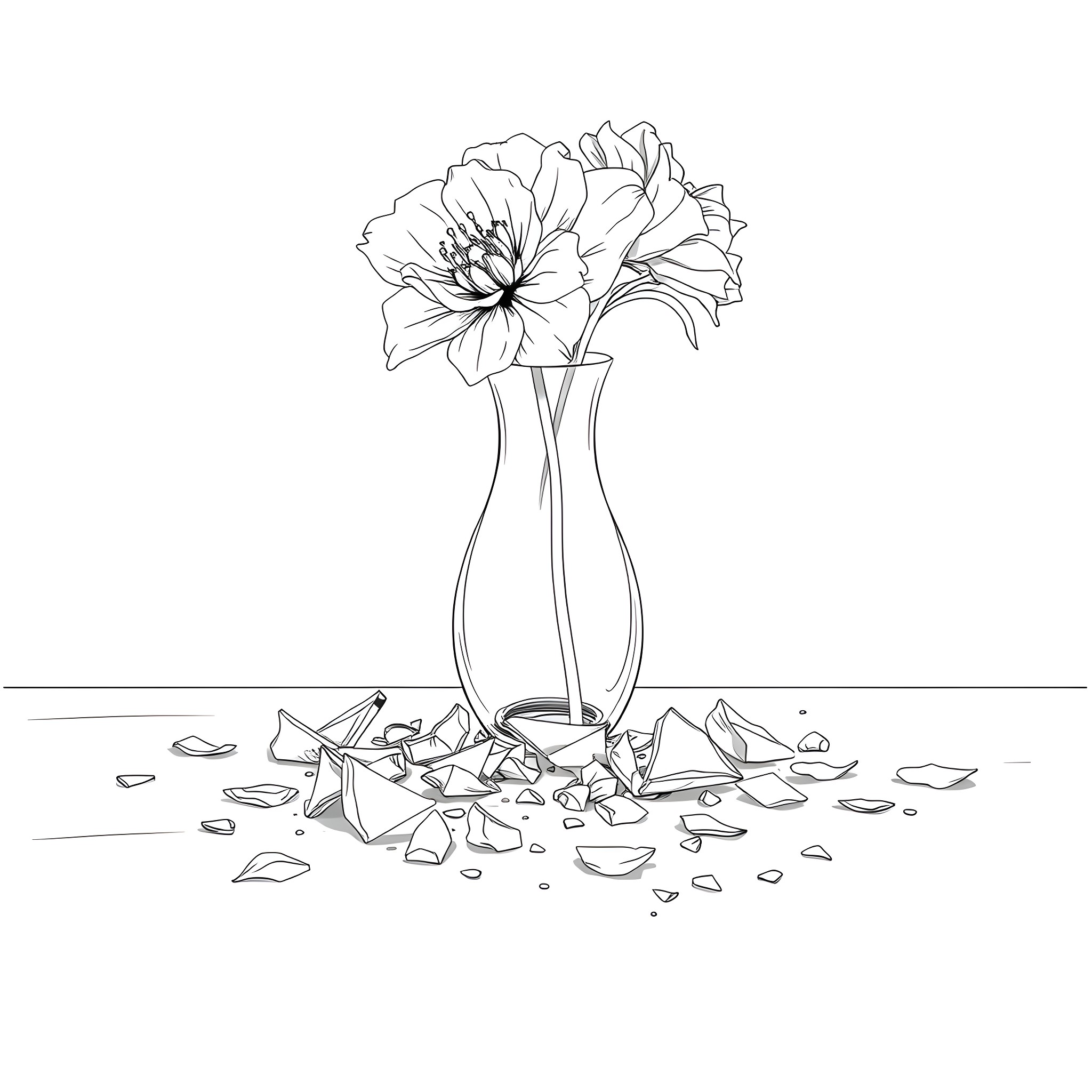 Vase of flowers with fallen petals Coloring Page (free black-and-white line drawing printable PDF for all, from beginners to advanced learners, including children, teens, adults, and seniors)