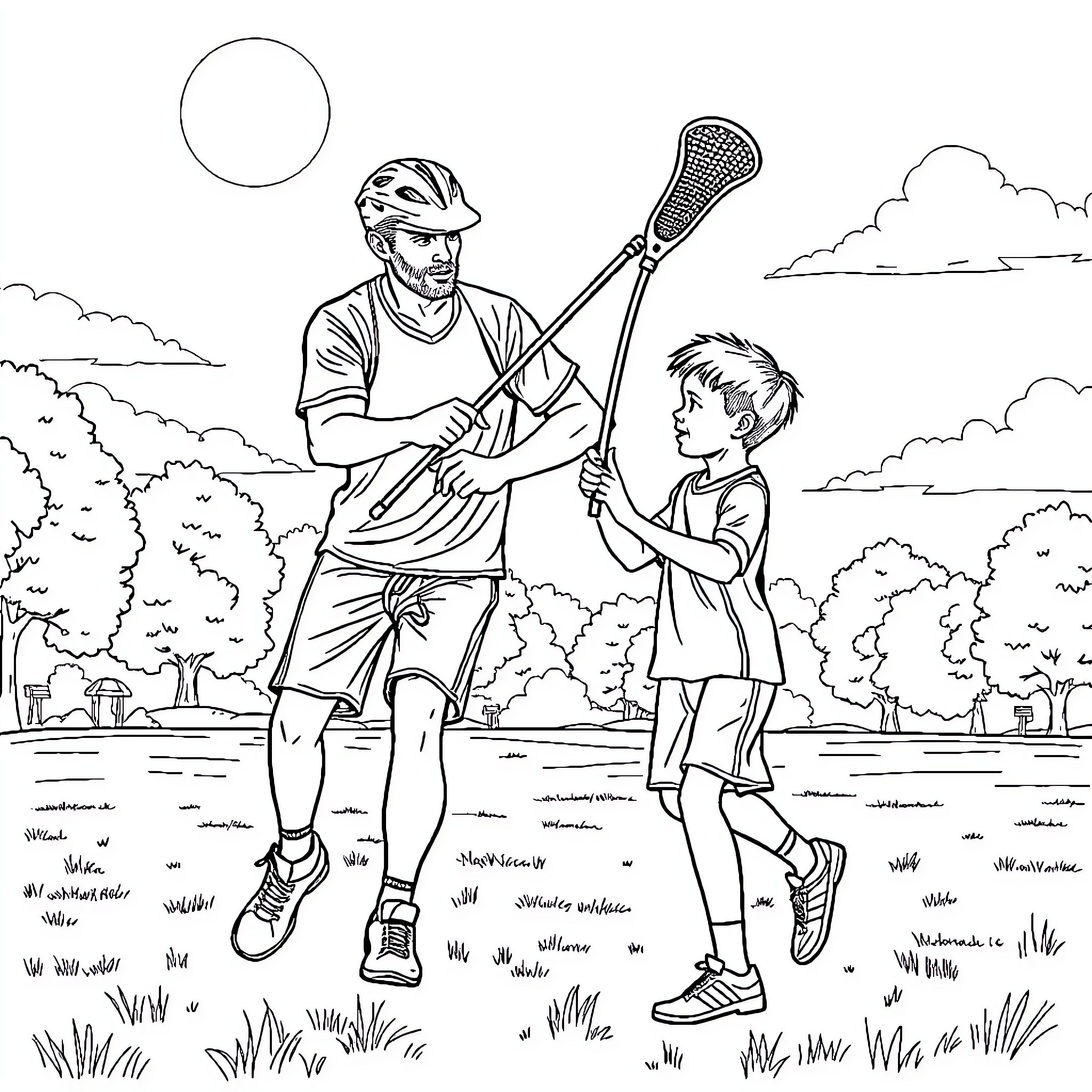 Lacrosse coach teaching young player the sport Coloring Page (free black-and-white line drawing printable PDF for all, from beginners to advanced learners, including children, teens, adults, and seniors)
