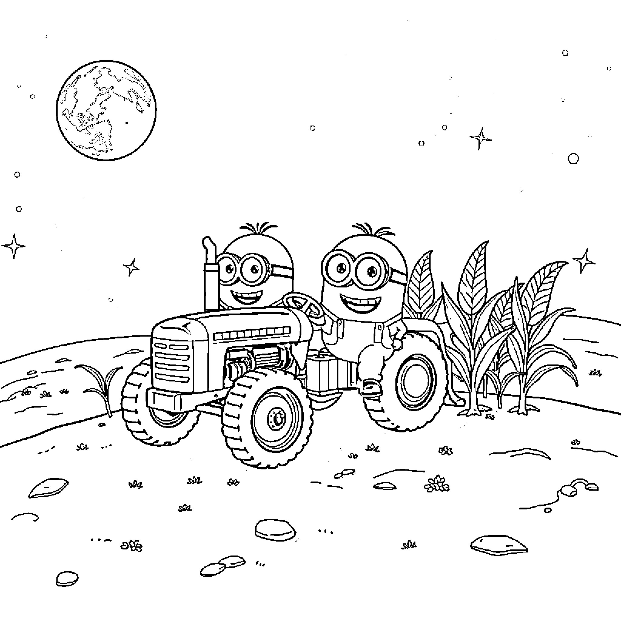 Minions driving a tractor in the countryside Coloring Page (free black-and-white line drawing printable PDF for all, from beginners to advanced learners, including children, teens, adults, and seniors)