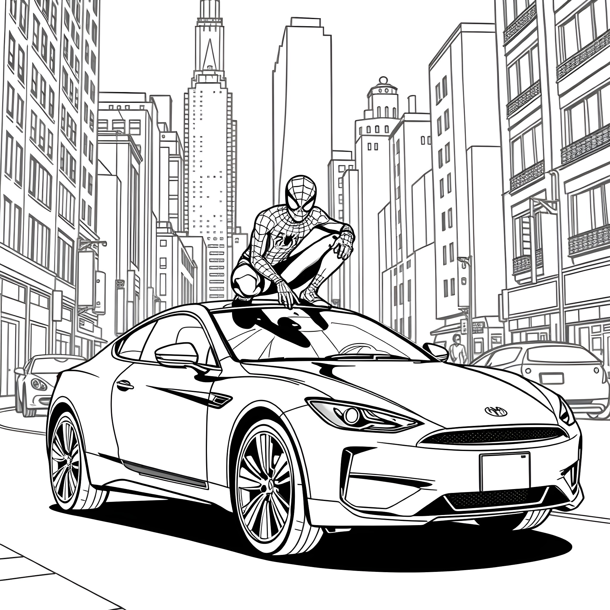 Car with Spider-Man Superhero in City Coloring Page (free black-and-white line drawing printable PDF for all, from beginners to advanced learners, including children, teens, adults, and seniors)