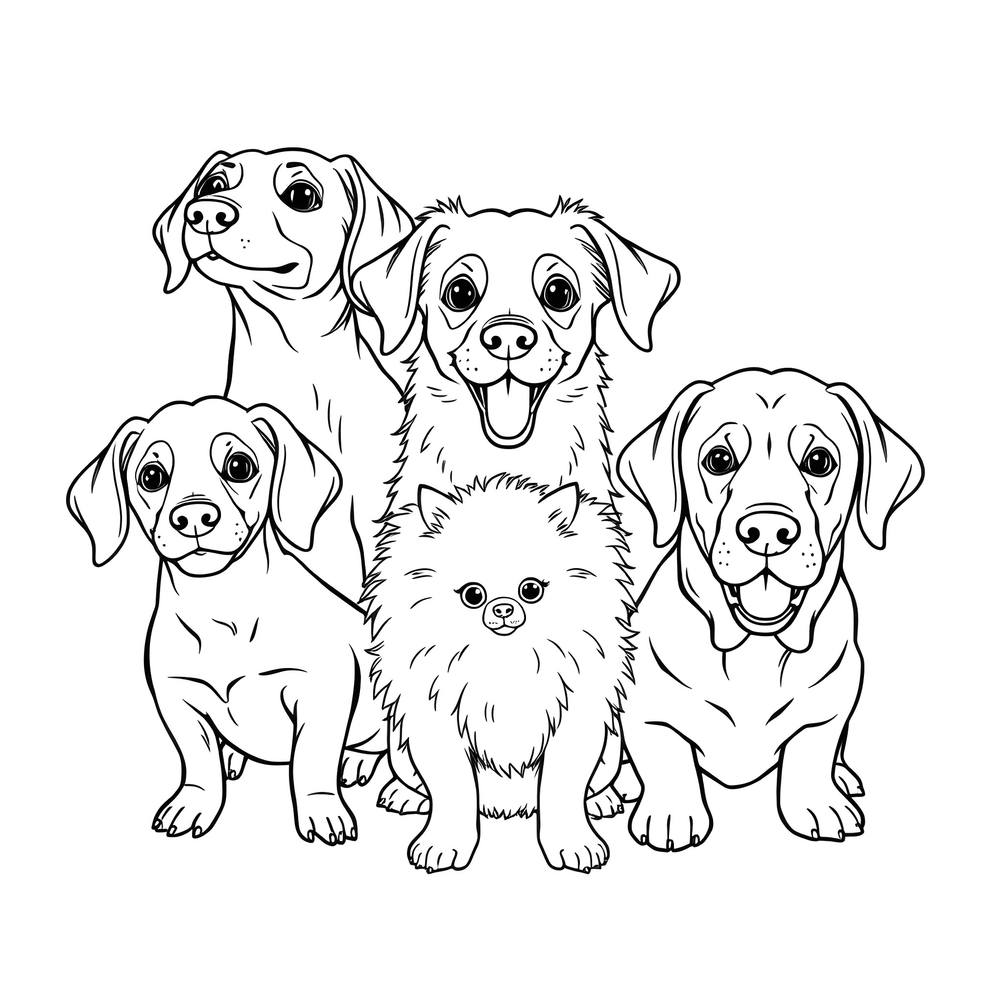 Dog Companions Gathered Together Coloring Page (free black-and-white line drawing printable PDF for all, from beginners to advanced learners, including children, teens, adults, and seniors)