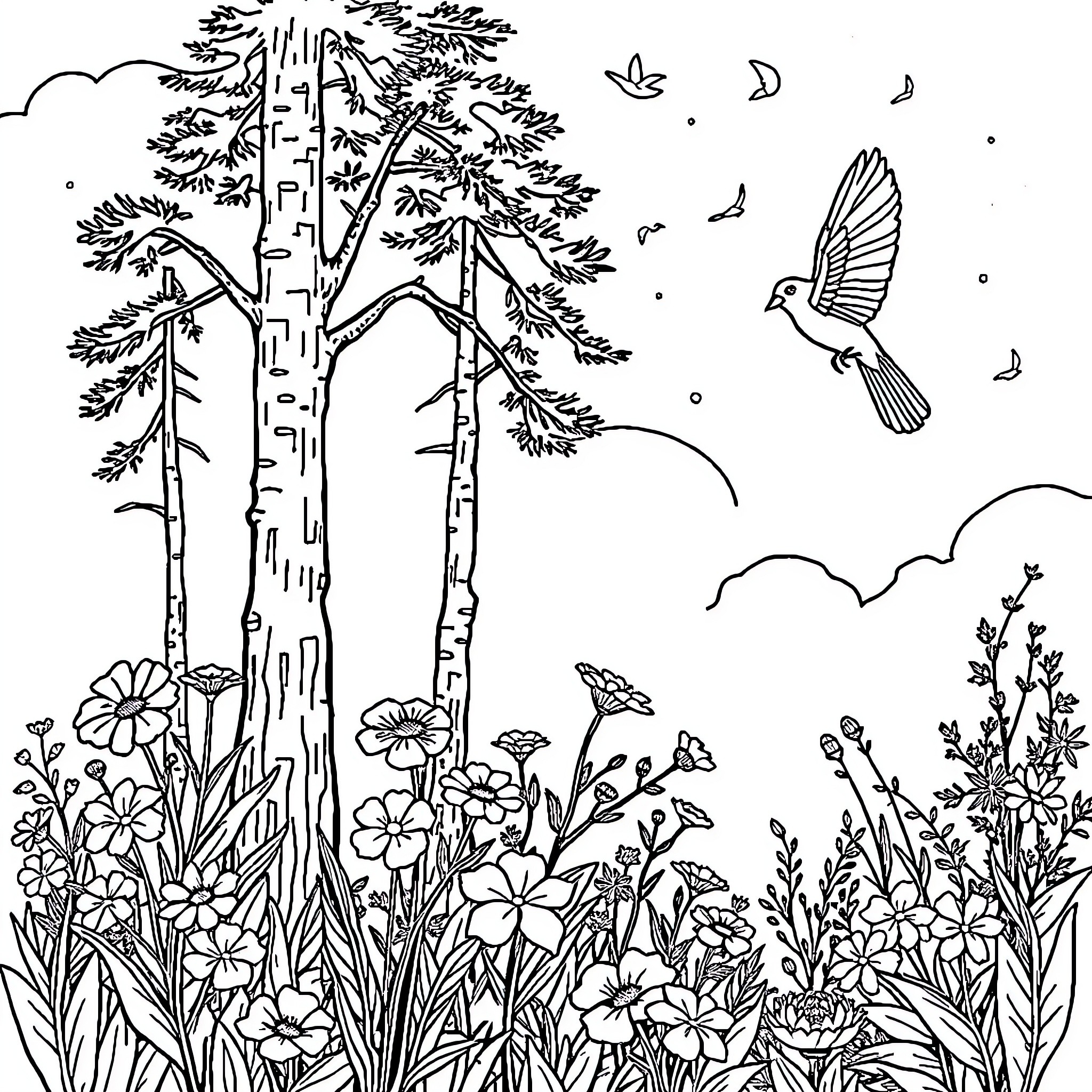 Nature's Serene Solitude: Birch Trees and Blooming Meadow Coloring Page (free black-and-white line drawing printable PDF for all, from beginners to advanced learners, including children, teens, adults, and seniors)