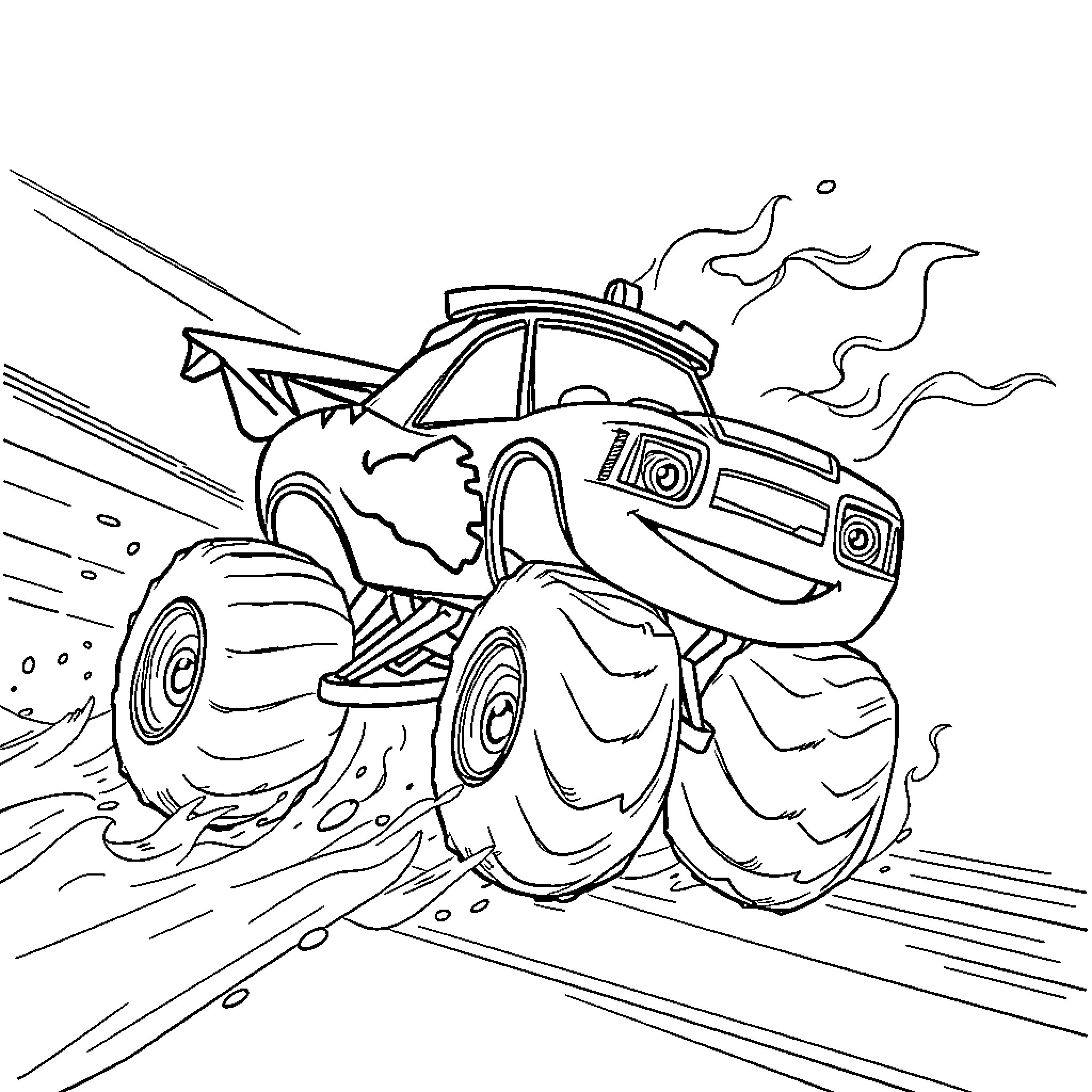 Blaze Speeding Across the Road Coloring Page (free black-and-white line drawing printable PDF for all, from beginners to advanced learners, including children, teens, adults, and seniors)