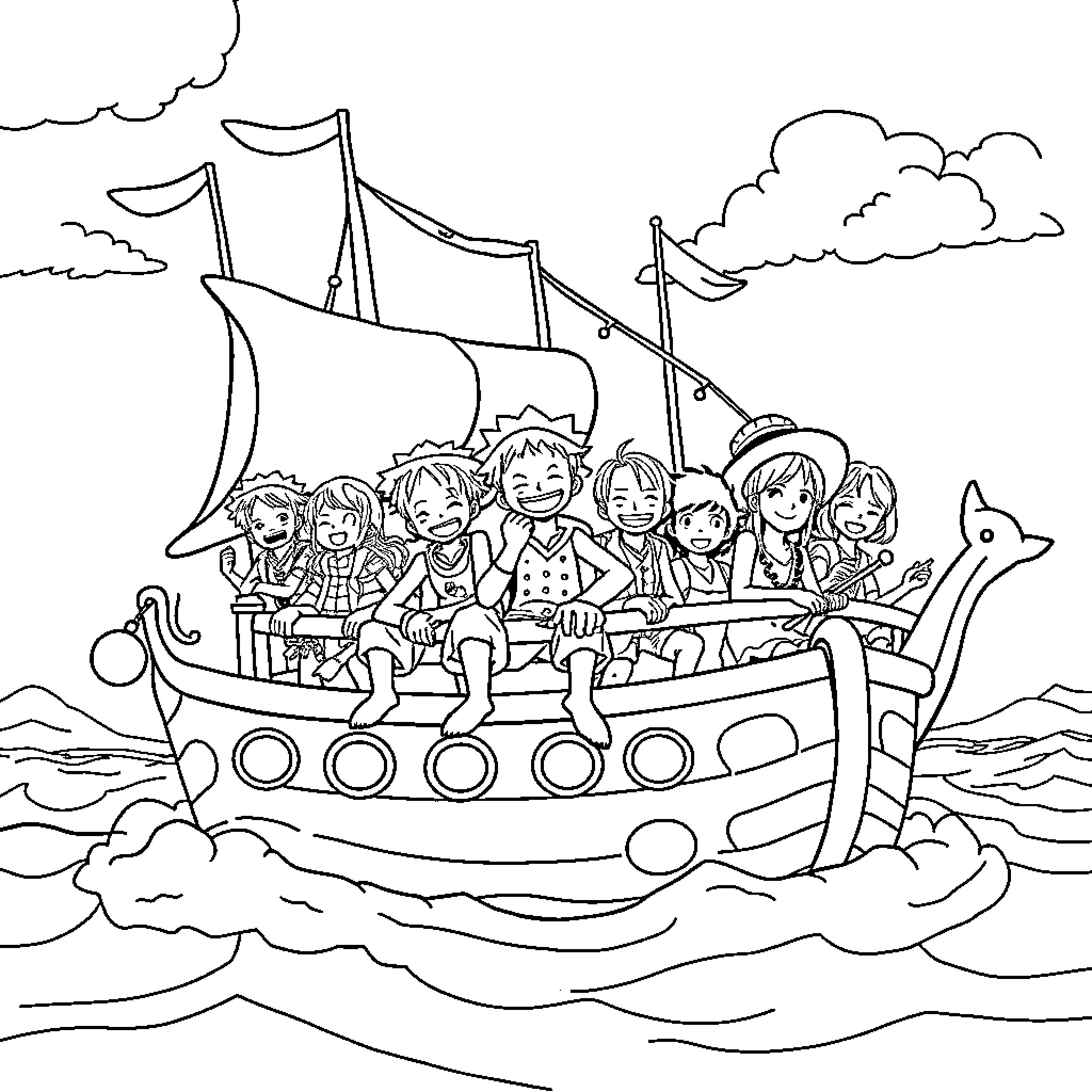 One Piece Characters Sailing on a Pirate Ship Coloring Page (free black-and-white line drawing printable PDF for all, from beginners to advanced learners, including children, teens, adults, and seniors)