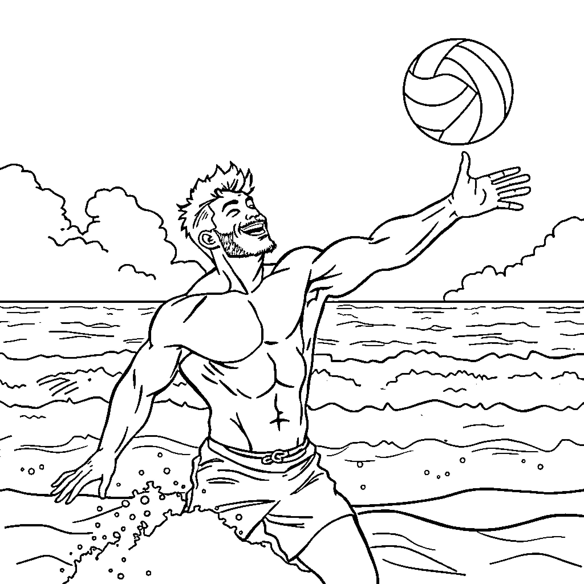 Muscle Man Enjoying Beach Volleyball Game Coloring Page (free black-and-white line drawing printable PDF for all, from beginners to advanced learners, including children, teens, adults, and seniors)