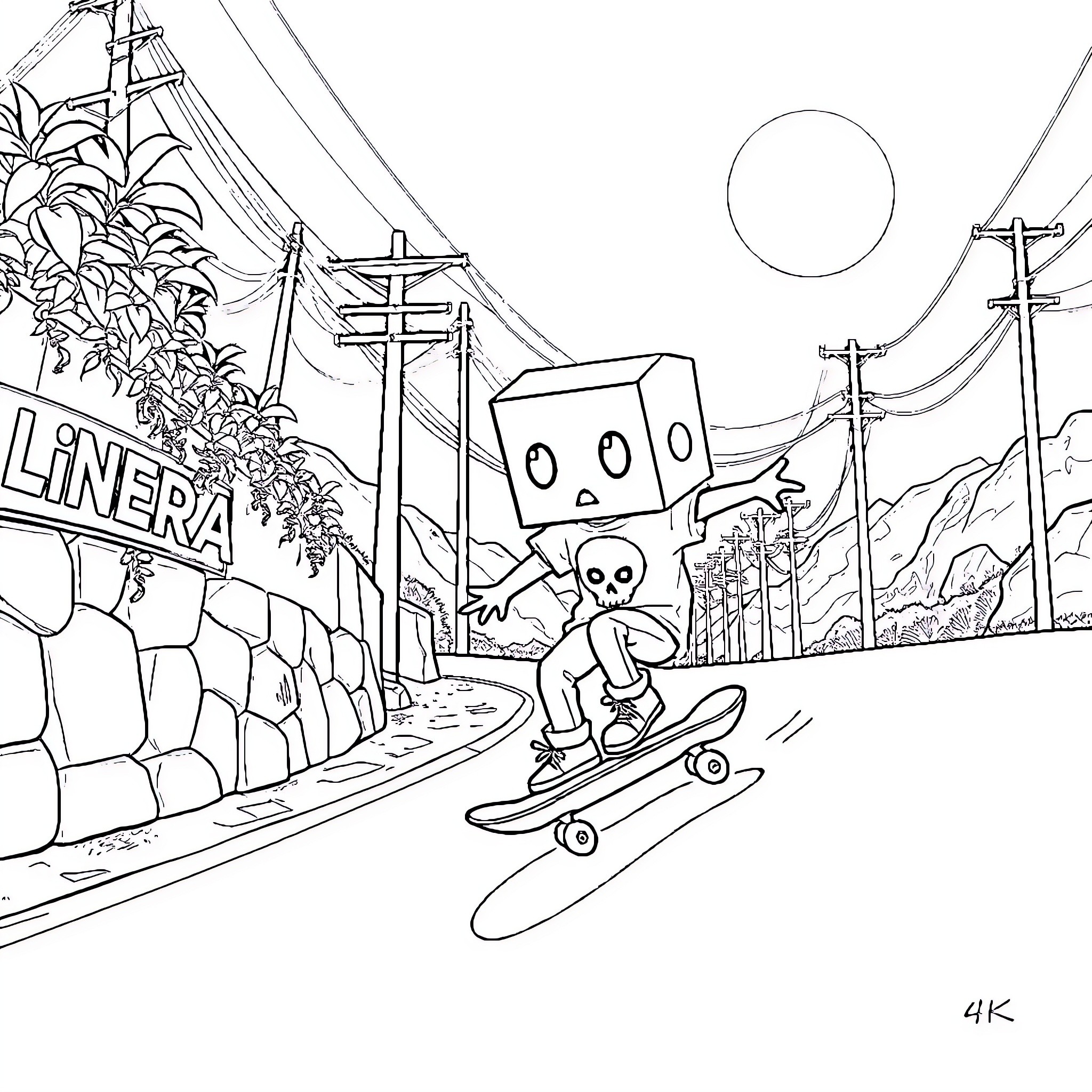 Box-Headed Character Skateboarding in Scenic Town Coloring Page (free black-and-white line drawing printable PDF for all, from beginners to advanced learners, including children, teens, adults, and seniors)