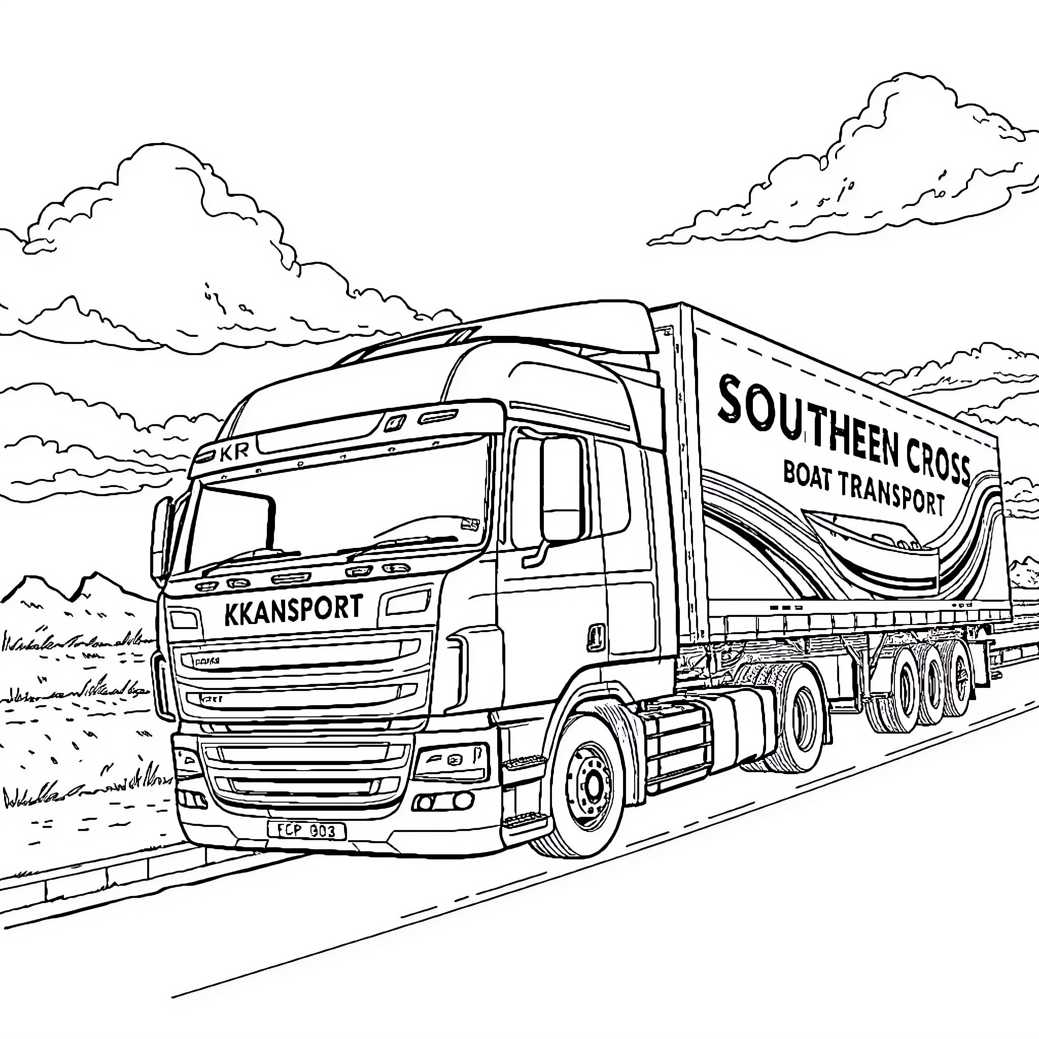 Truck transporting boat on a scenic road Coloring Page (free black-and-white line drawing printable PDF for all, from beginners to advanced learners, including children, teens, adults, and seniors)