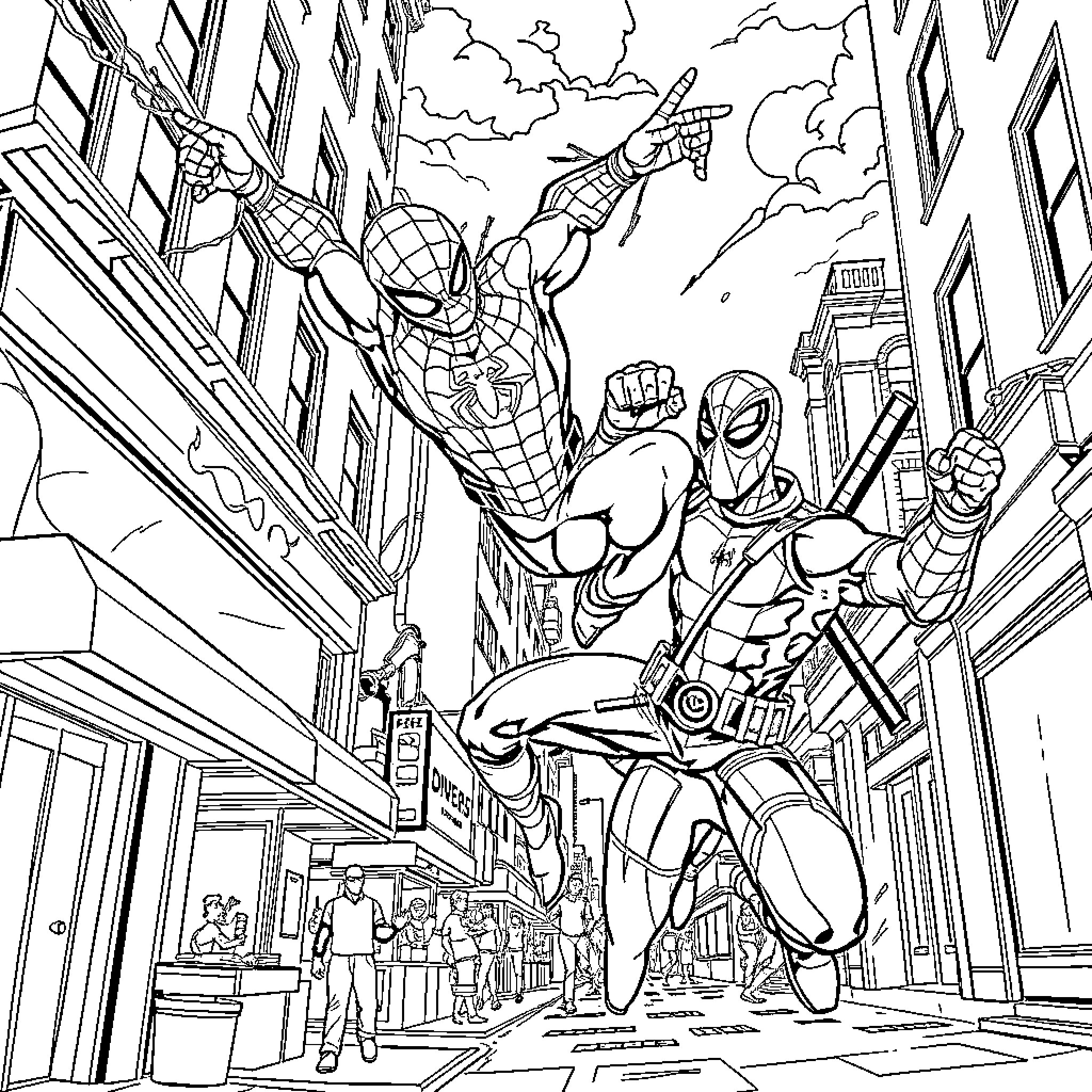Spiderman in action with other superheroes Coloring Page (free black-and-white line drawing printable PDF for all, from beginners to advanced learners, including children, teens, adults, and seniors)