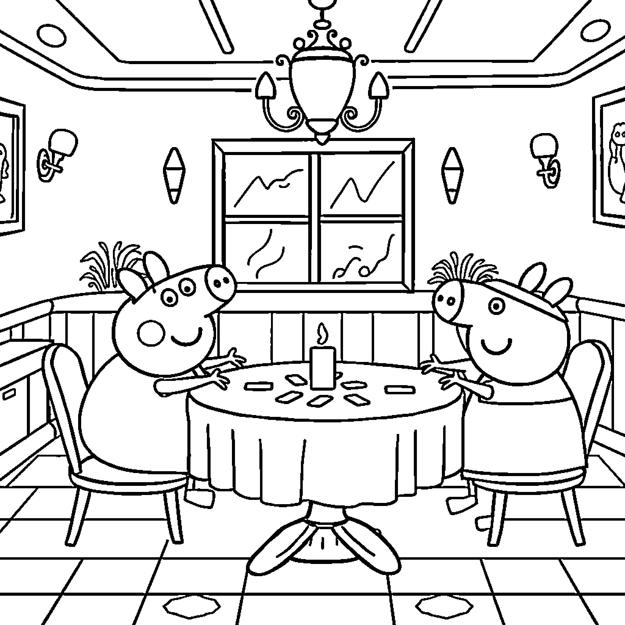 Peppa Pig and Friends Enjoying Dinner at Home Coloring Page (free black-and-white line drawing printable PDF for all, from beginners to advanced learners, including children, teens, adults, and seniors)
