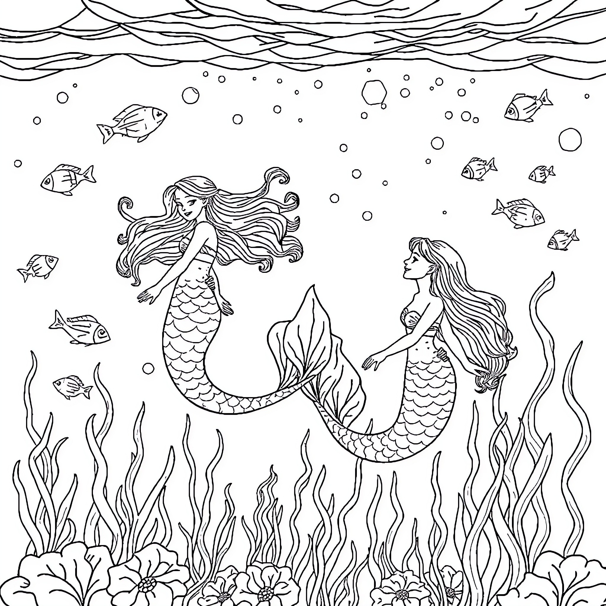 Mermaid friends exploring the underwater world Coloring Page (free black-and-white line drawing printable PDF for all, from beginners to advanced learners, including children, teens, adults, and seniors)