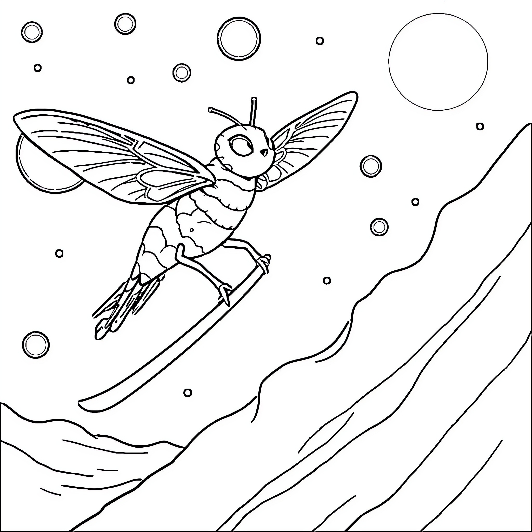 Spider-like creature soaring through whimsical landscape Coloring Page (free black-and-white line drawing printable PDF for all, from beginners to advanced learners, including children, teens, adults, and seniors)
